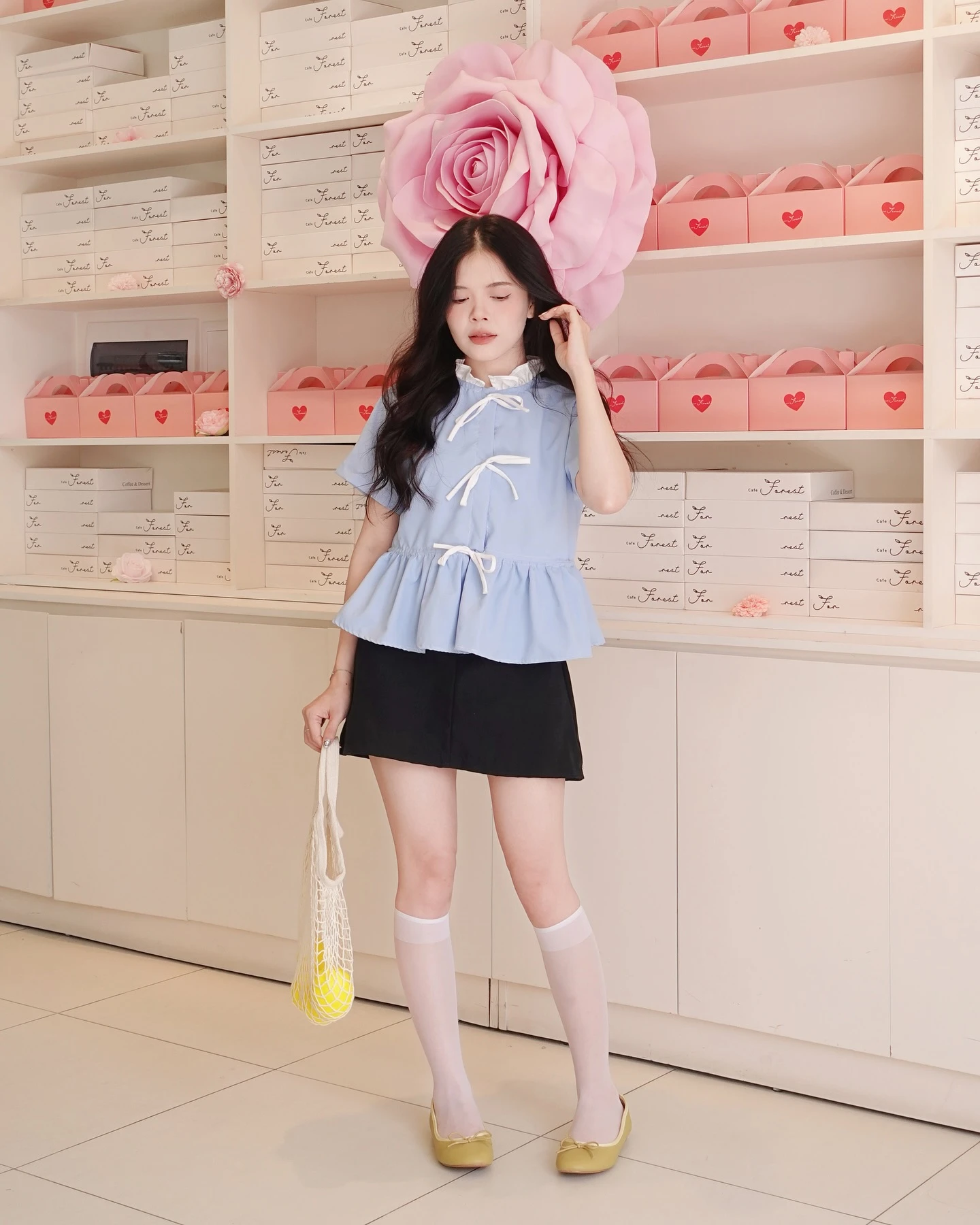 Áo babydoll xanh phối nơ trắng