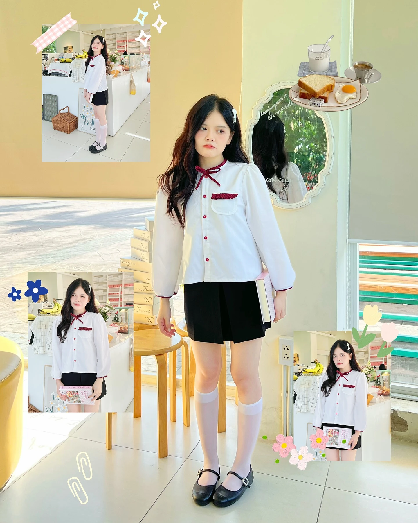 Áo babydoll sơ mi trắng phối caro đỏ