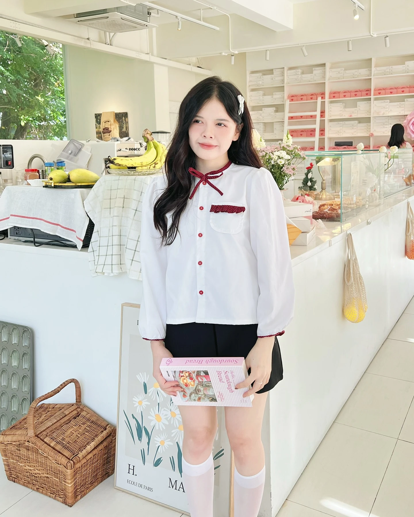 Áo babydoll sơ mi trắng phối caro đỏ