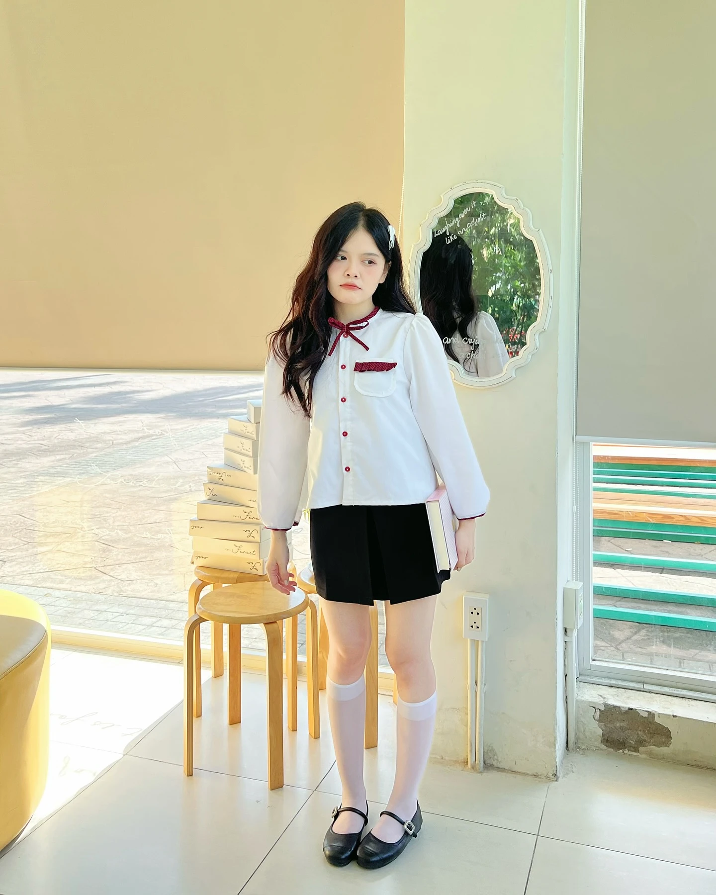 Áo babydoll sơ mi trắng phối caro đỏ