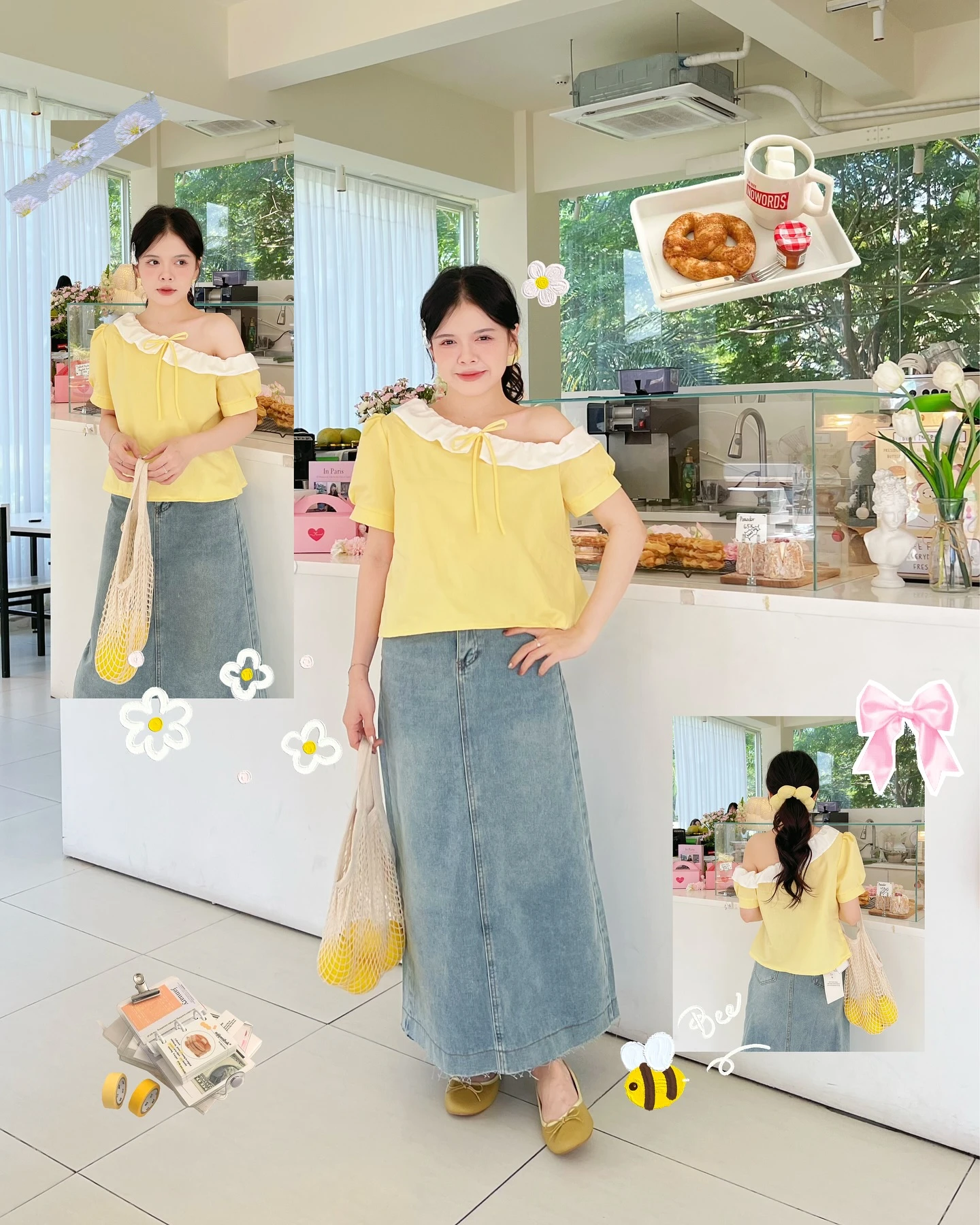 Áo babydoll vàng trễ vai phối trắng