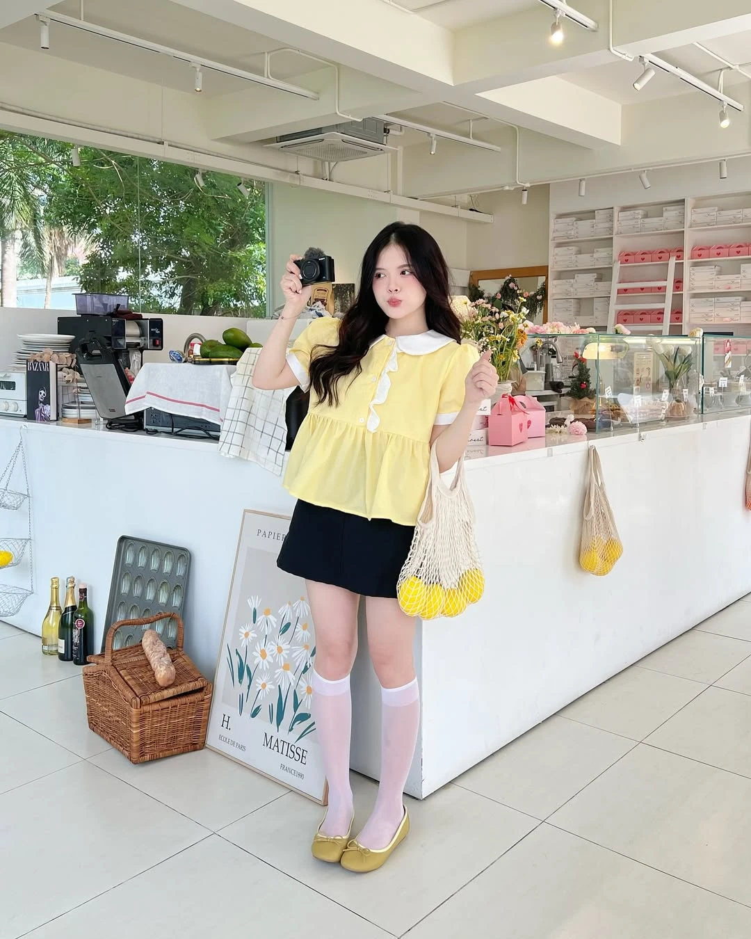 Áo babydoll vàng bèo phối trắng