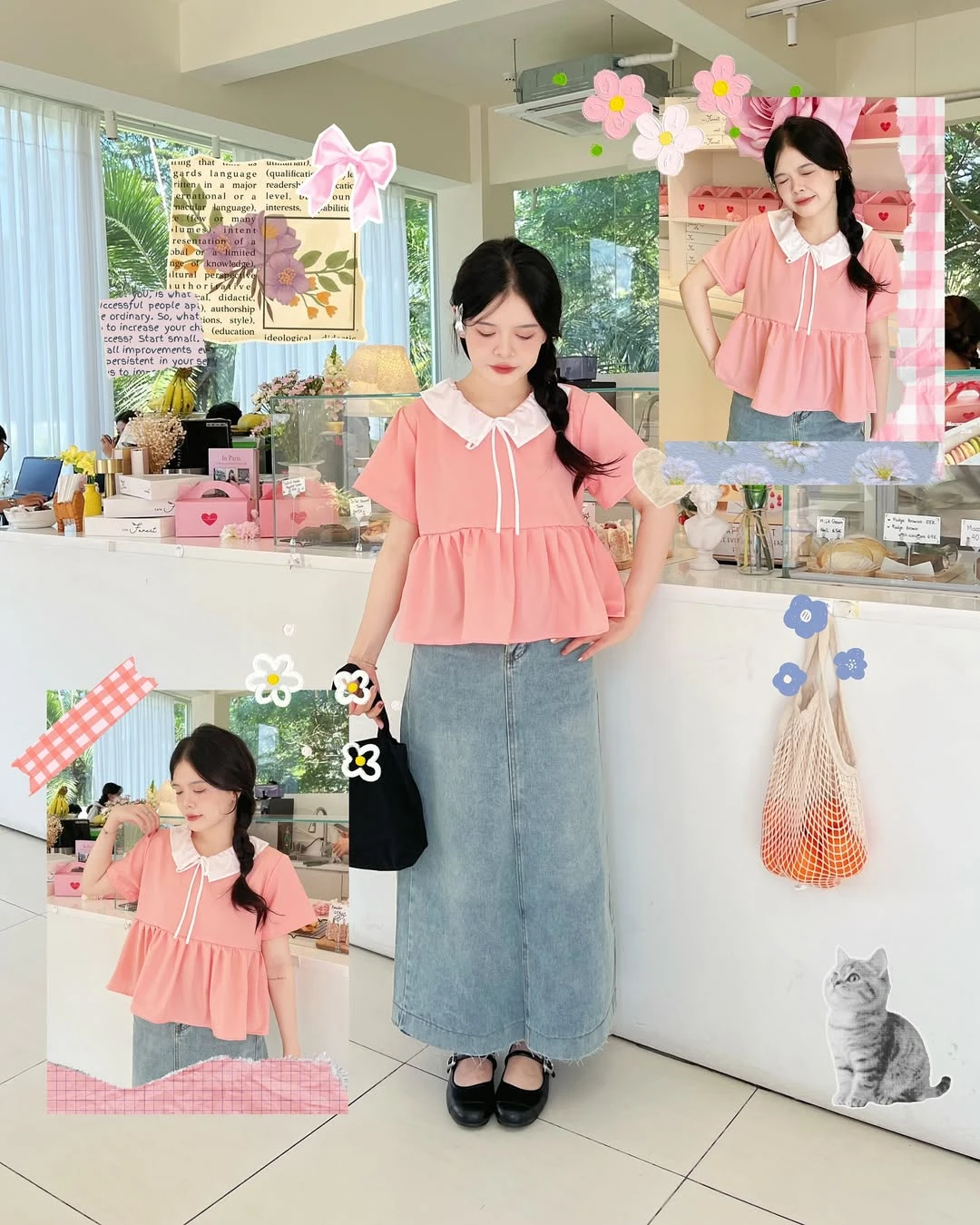 Áo babydoll hồng bèo phối trắng