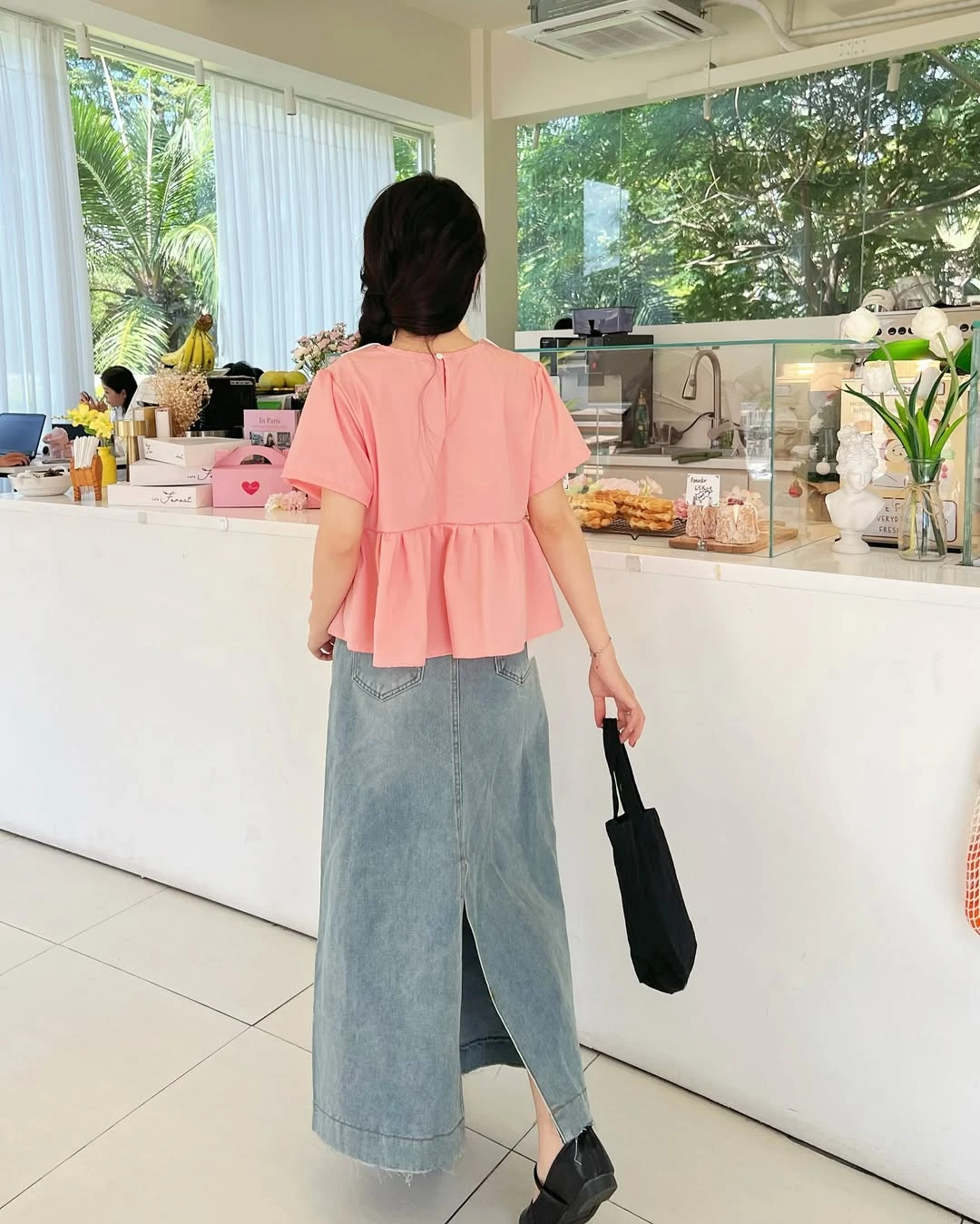 Áo babydoll hồng bèo phối trắng