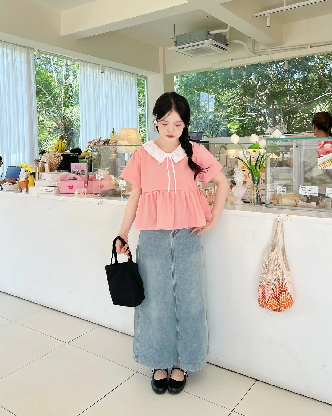 Áo babydoll hồng bèo phối trắng