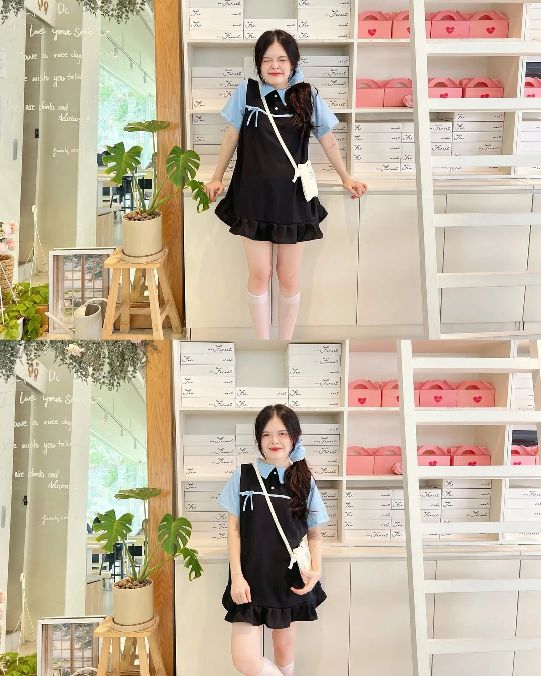 Đầm babydoll đen phối xanh dương