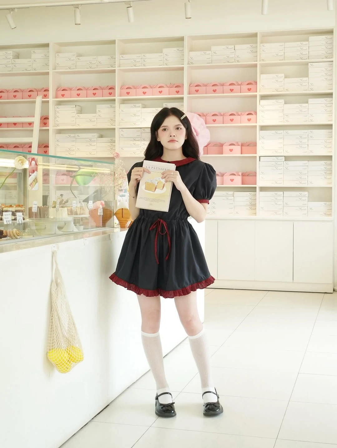 Đầm babydoll xanh than phối caro đỏ rút dây eo