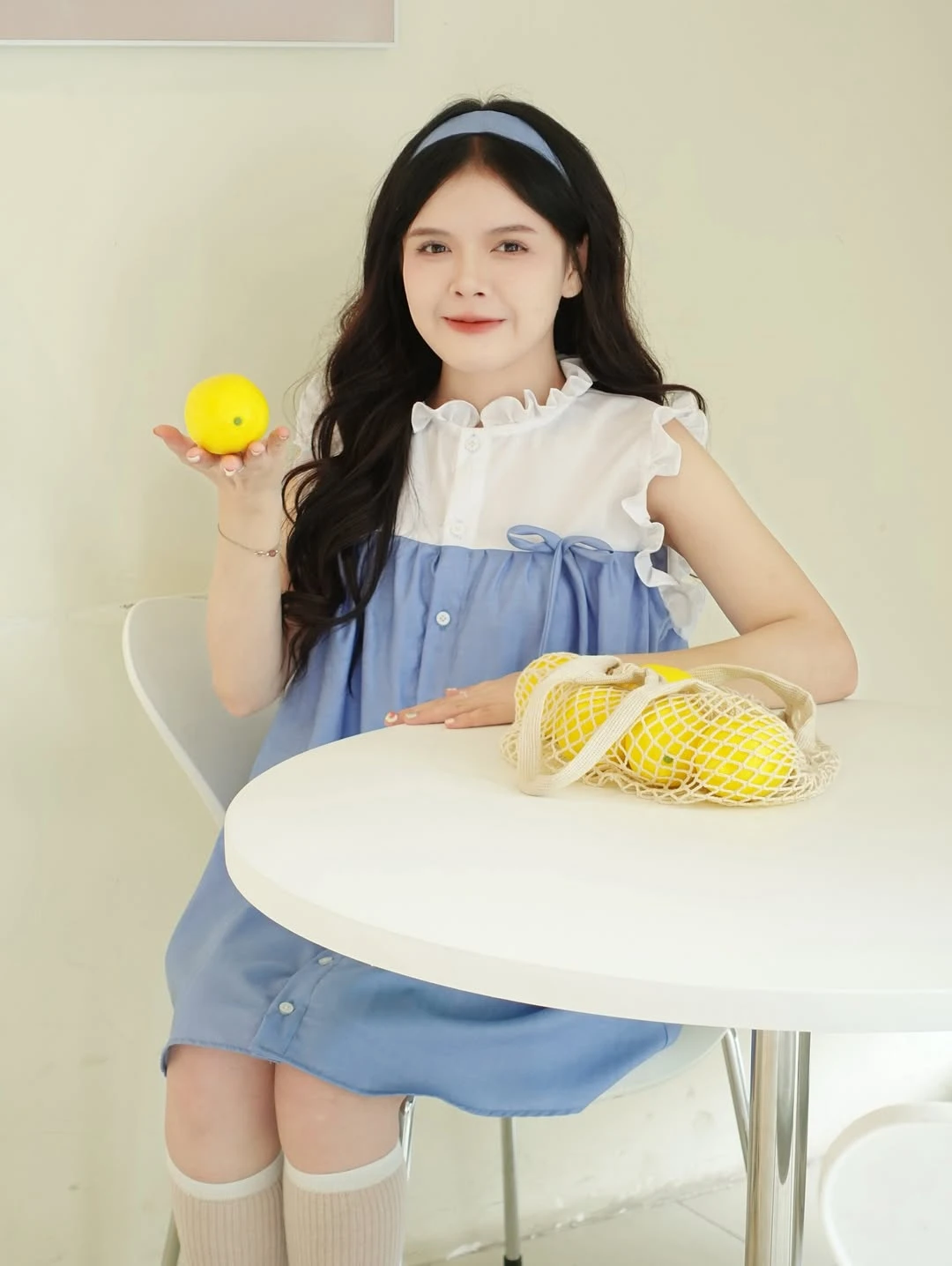 Đầm babydoll xanh nhạt phối trắng bèo