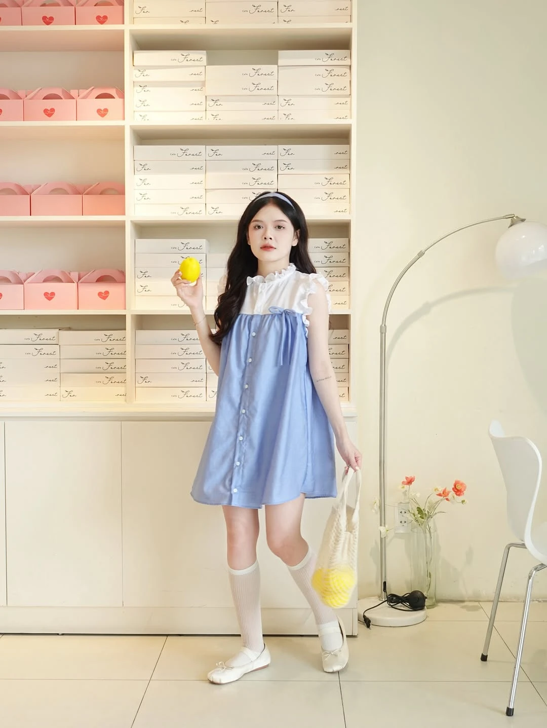 Đầm babydoll xanh nhạt phối trắng bèo