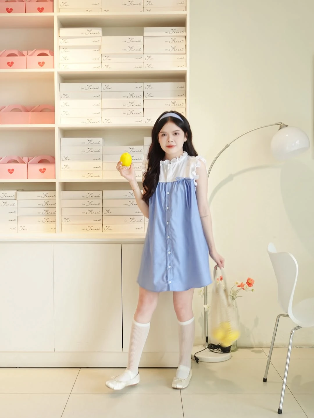 Đầm babydoll xanh nhạt phối trắng bèo