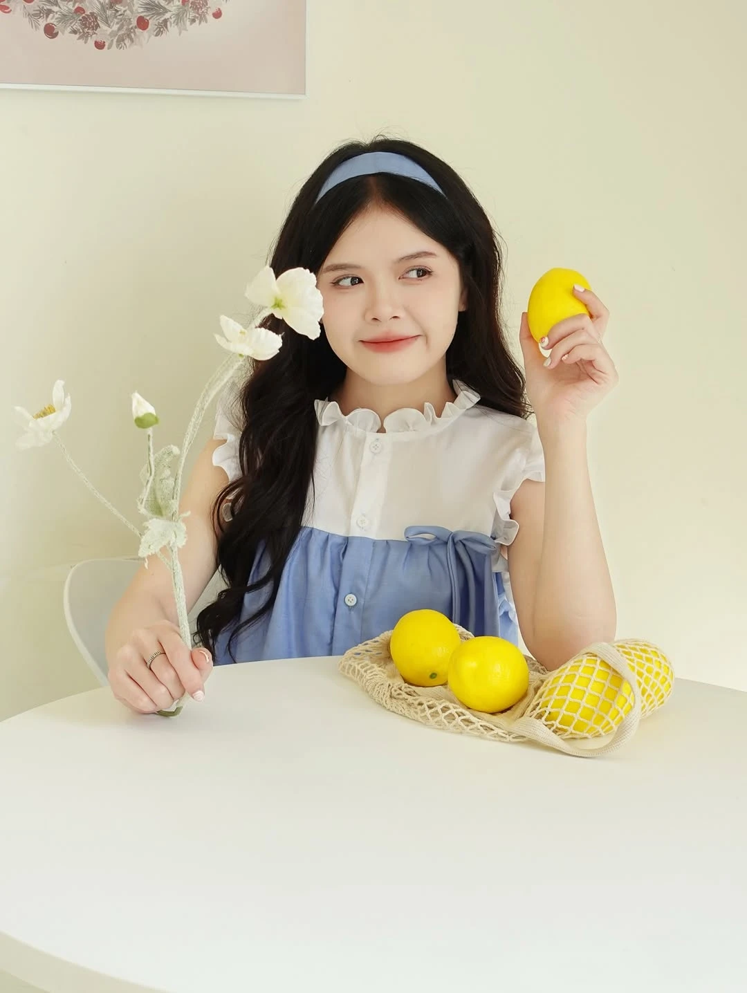 Đầm babydoll xanh nhạt phối trắng bèo