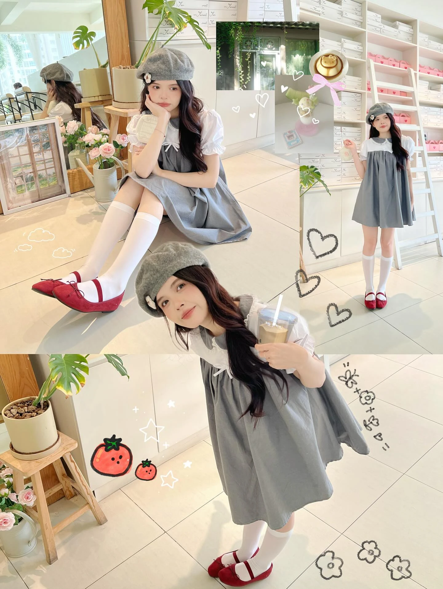 Đầm babydoll xám phối trắng bèo