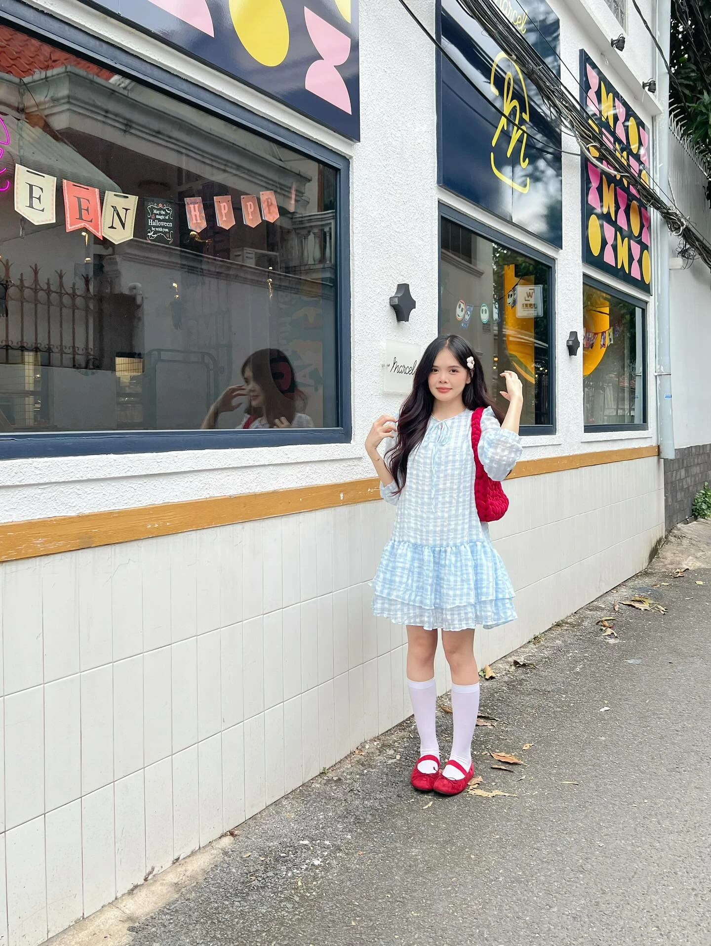 Đầm babydoll caro xanh dương tay dài