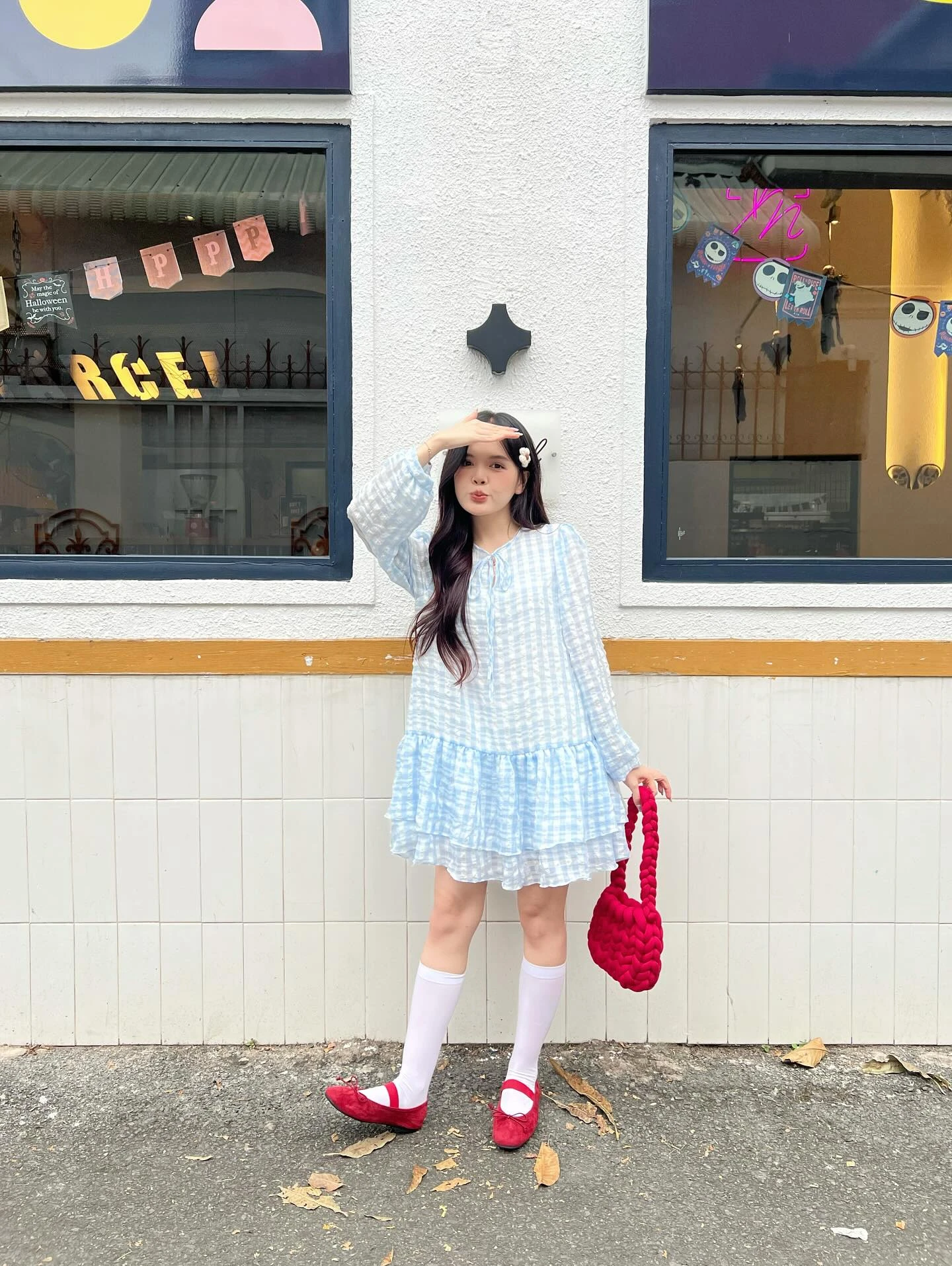 Đầm babydoll caro xanh dương tay dài