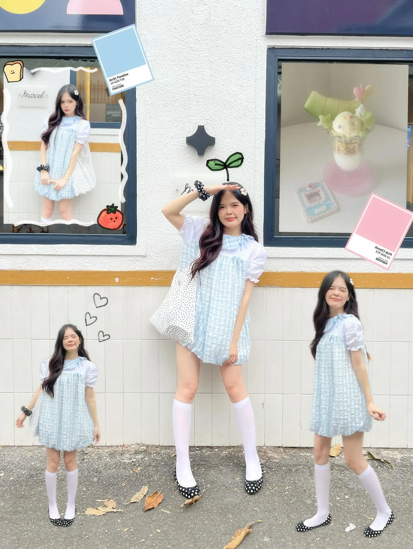 Đầm babydoll caro xanh dương tùng bí phối trắng