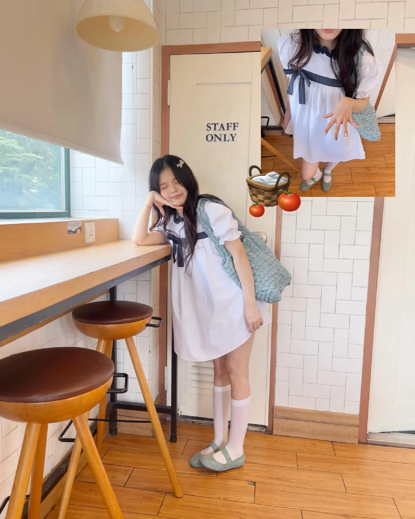 Đầm babydoll trắng phối caro xanh line giữa