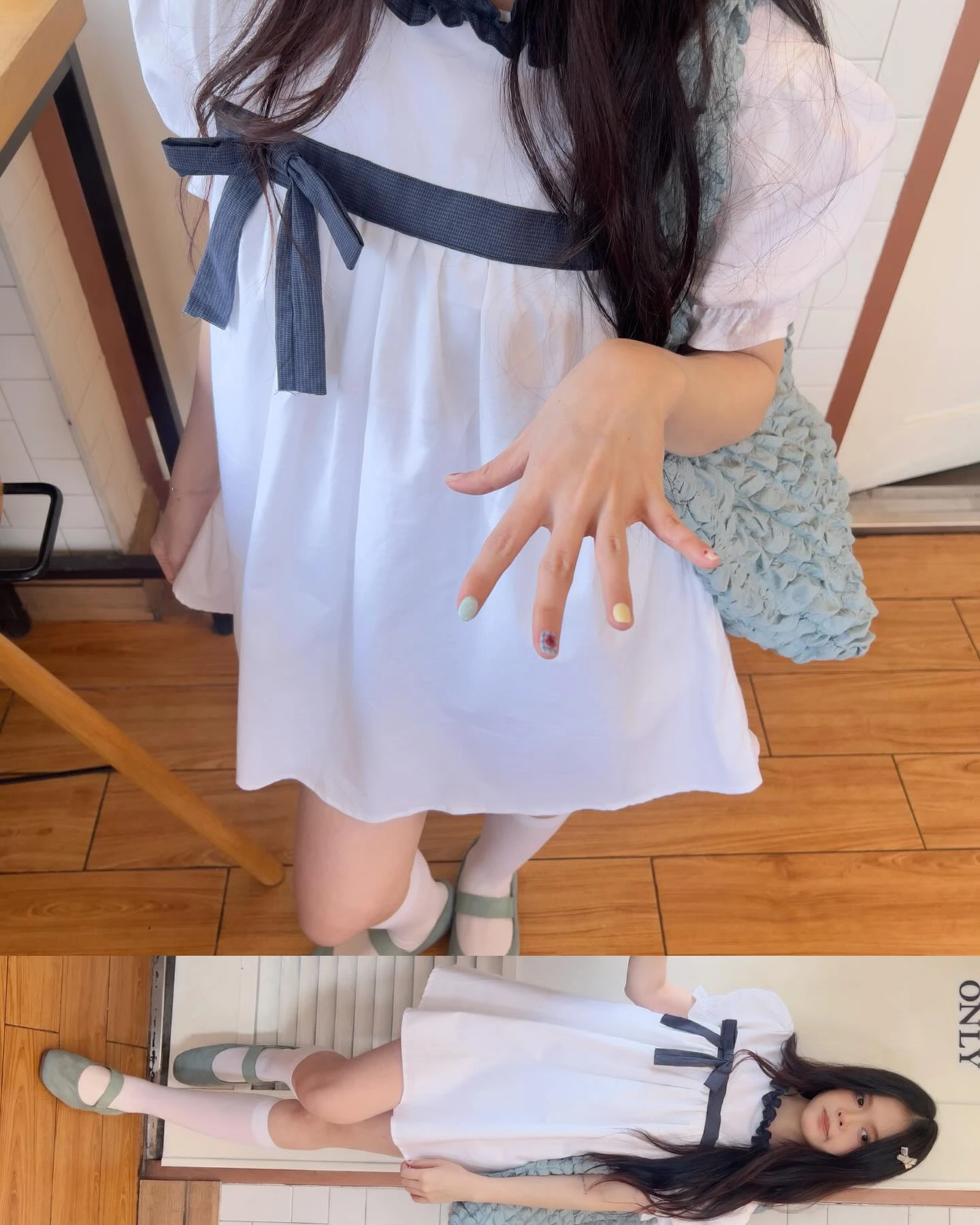 Đầm babydoll trắng phối caro xanh line giữa