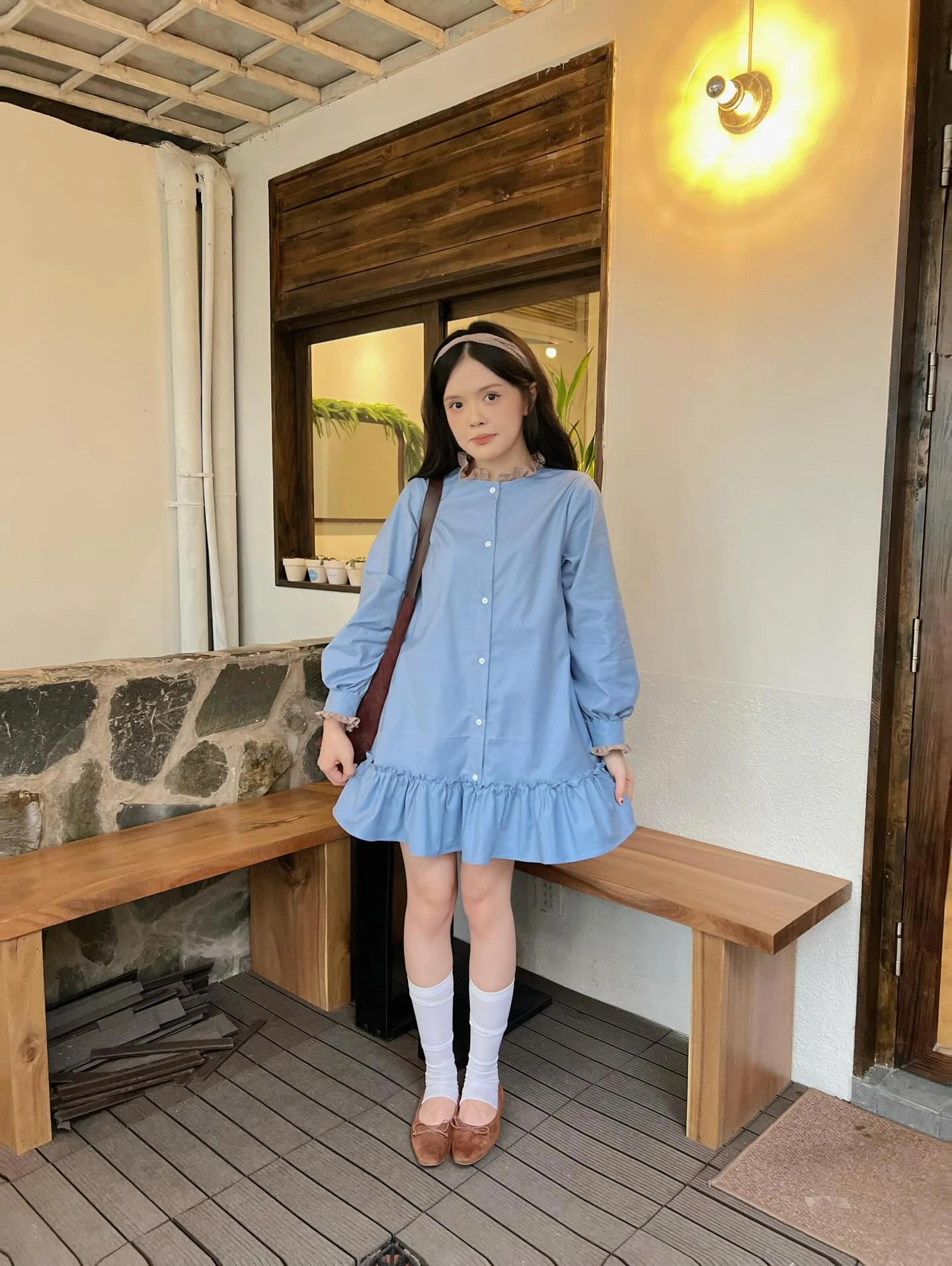 Đầm babydoll xanh dương phối caro nâu tay dài