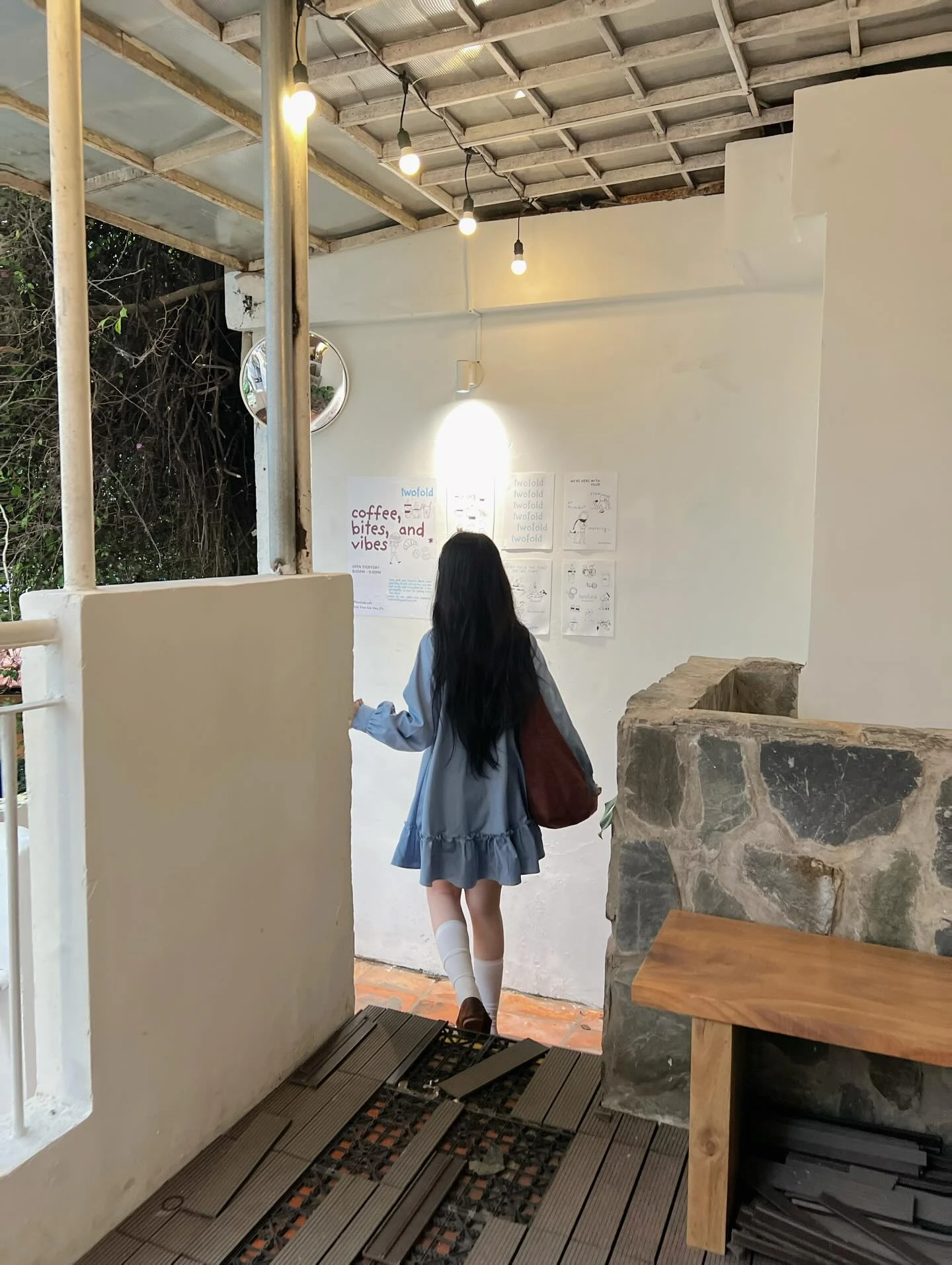 Đầm babydoll xanh dương phối caro nâu tay dài