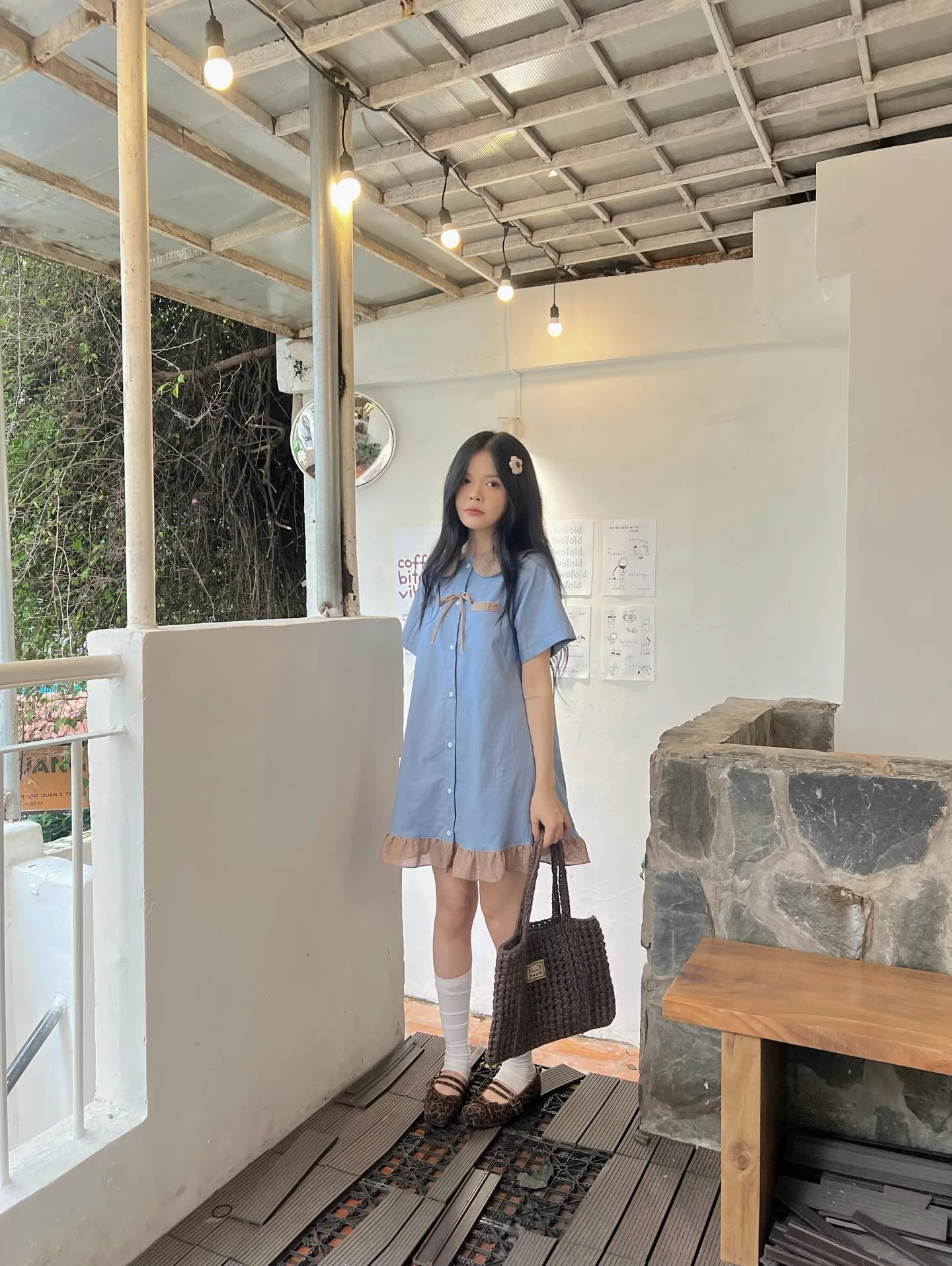 Đầm babydoll xanh dương phối caro nâu