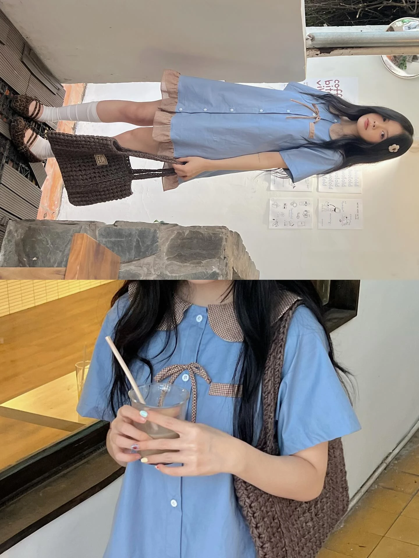 Đầm babydoll xanh dương phối caro nâu