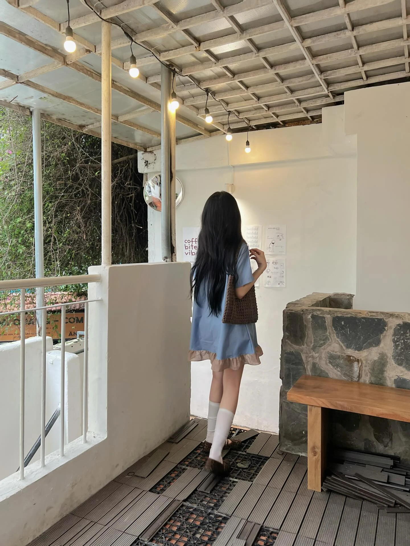 Đầm babydoll xanh dương phối caro nâu