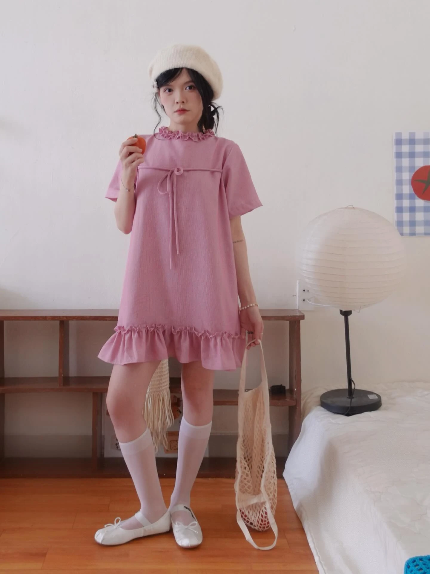  Đầm babydoll hồng kẻ sọc line bèo 