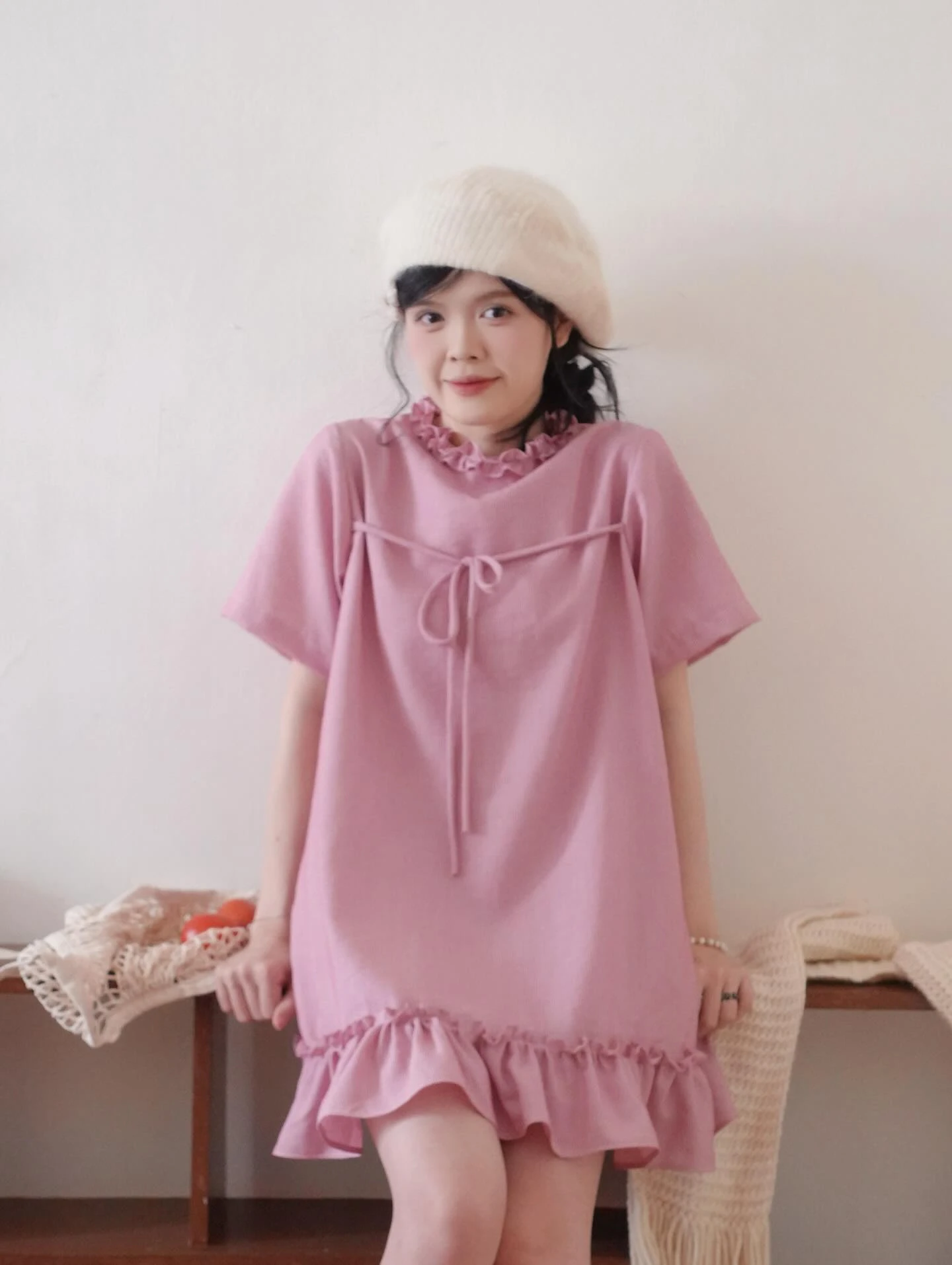 Đầm babydoll hồng kẻ sọc line bèo