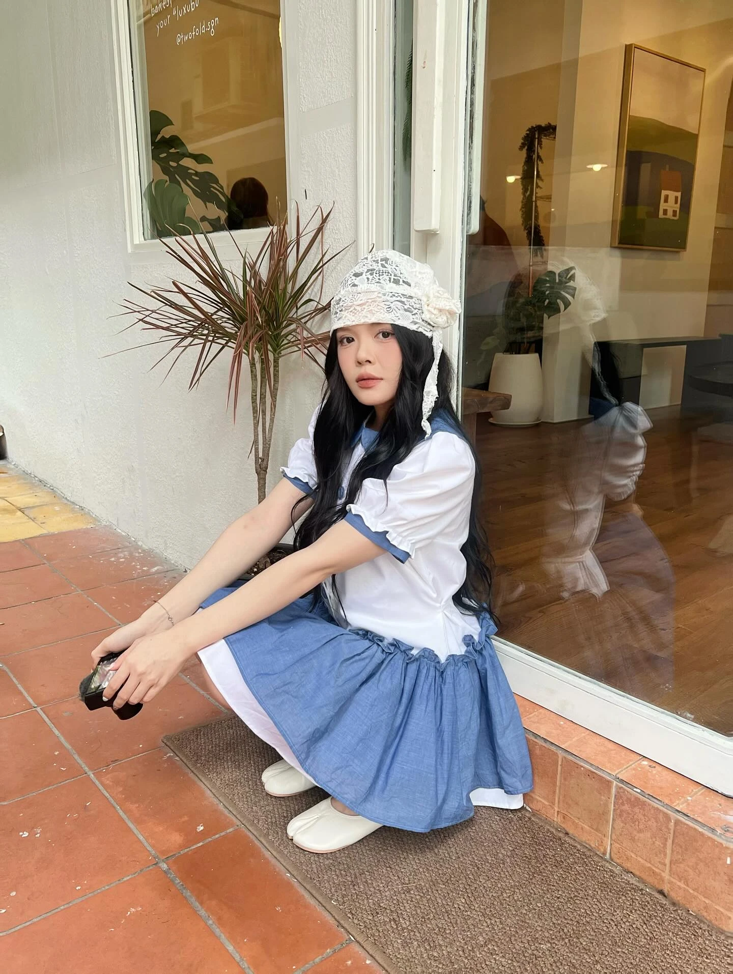  Đầm babydoll sơ mi phối tùng xanh caro 2 lớp 