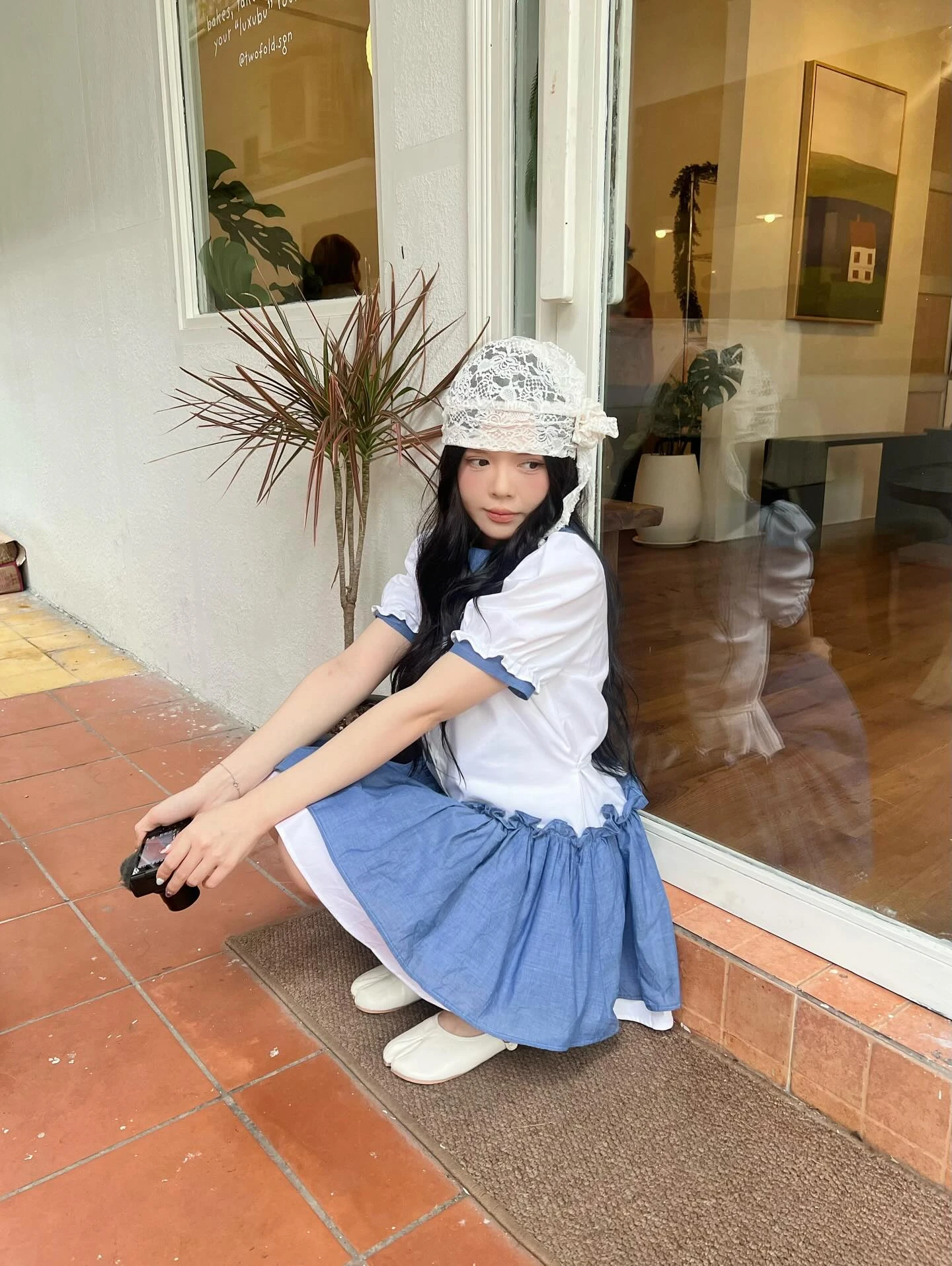 Đầm babydoll sơ mi phối tùng xanh caro 2 lớp