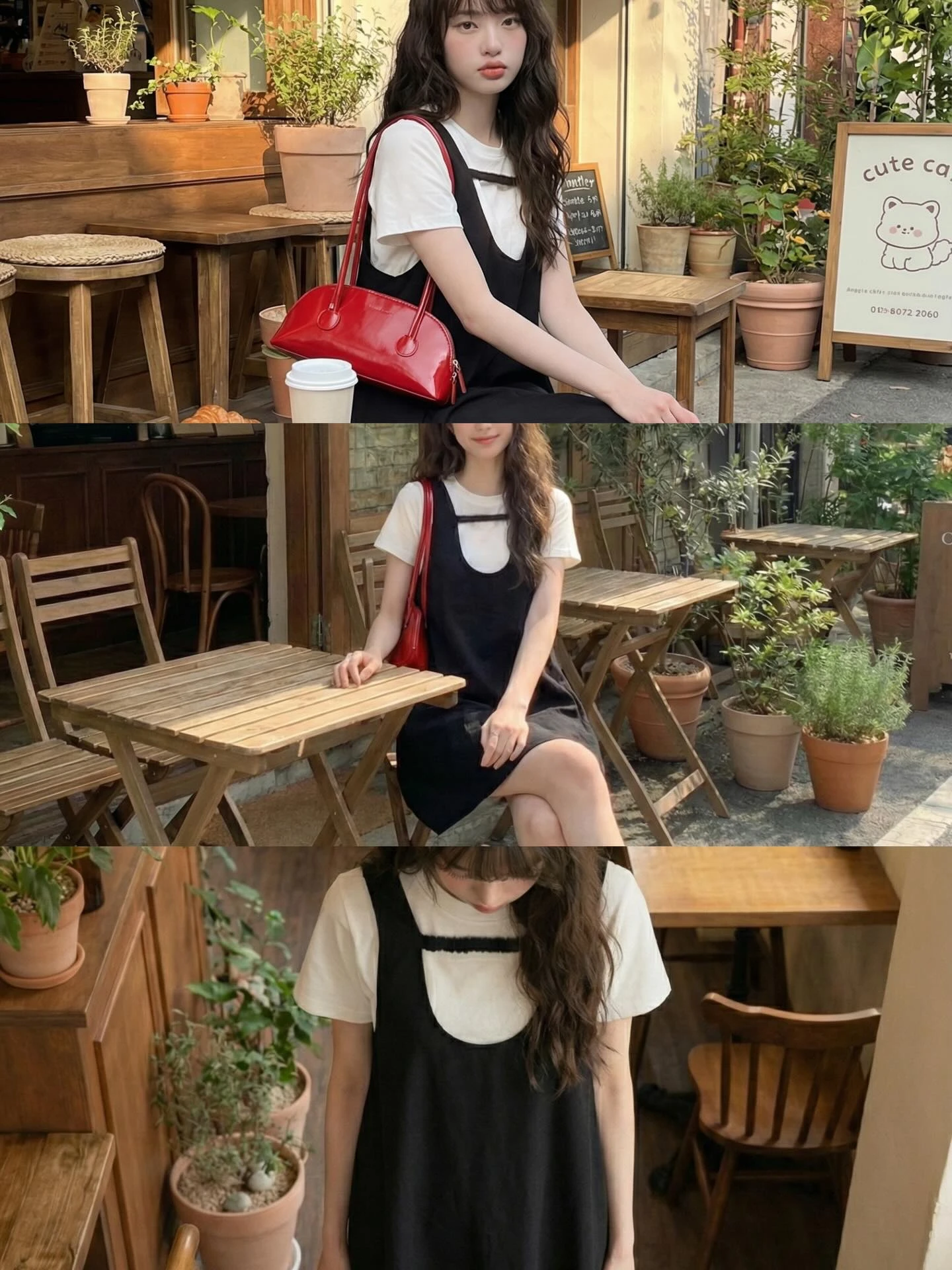  Set babydoll yếm đen phối kem 