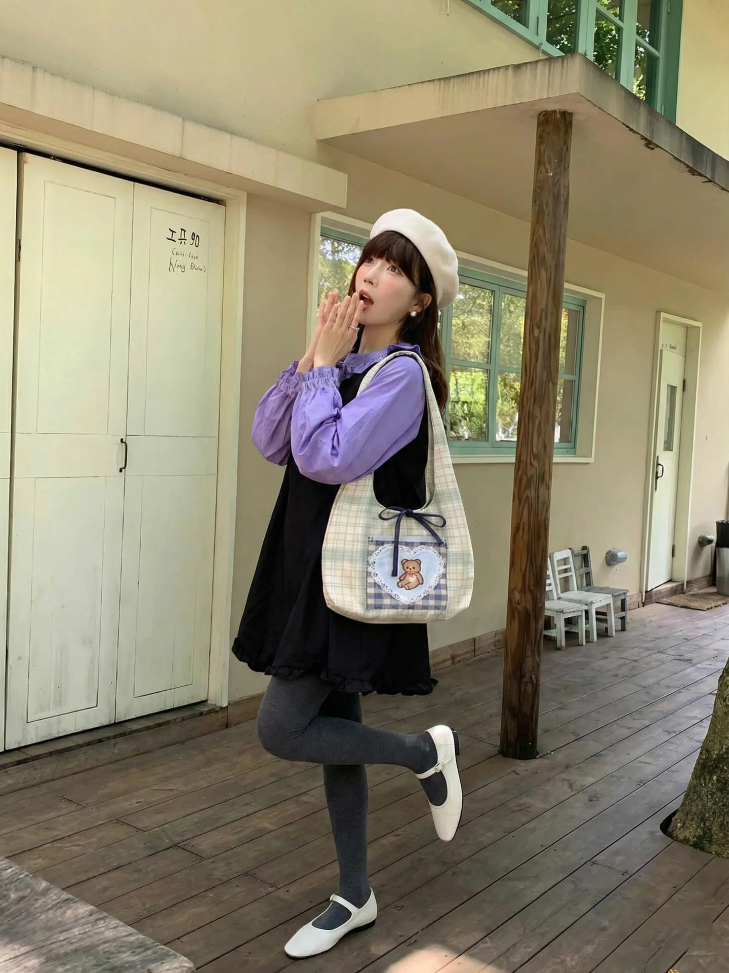  Đầm babydoll đen phối tím tay dài 