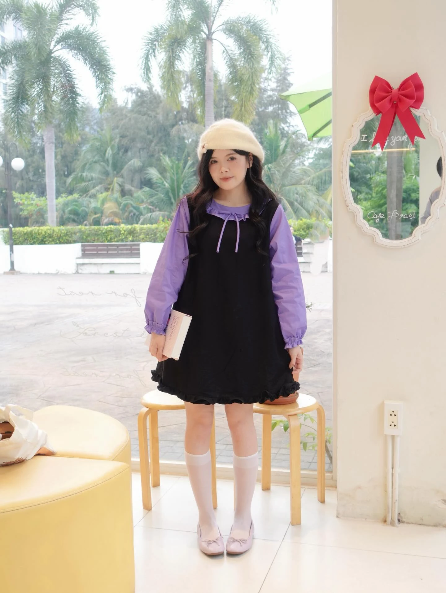 Đầm babydoll đen phối tím tay dài