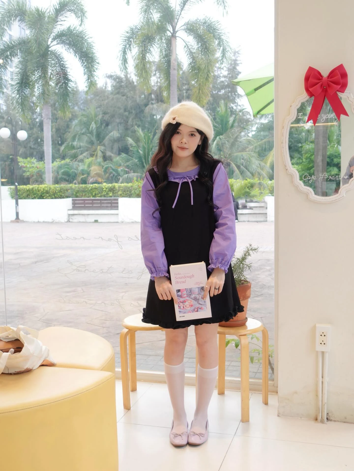 Đầm babydoll đen phối tím tay dài