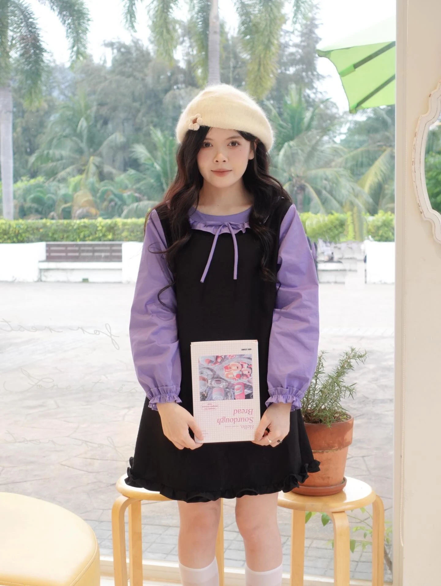 Đầm babydoll đen phối tím tay dài