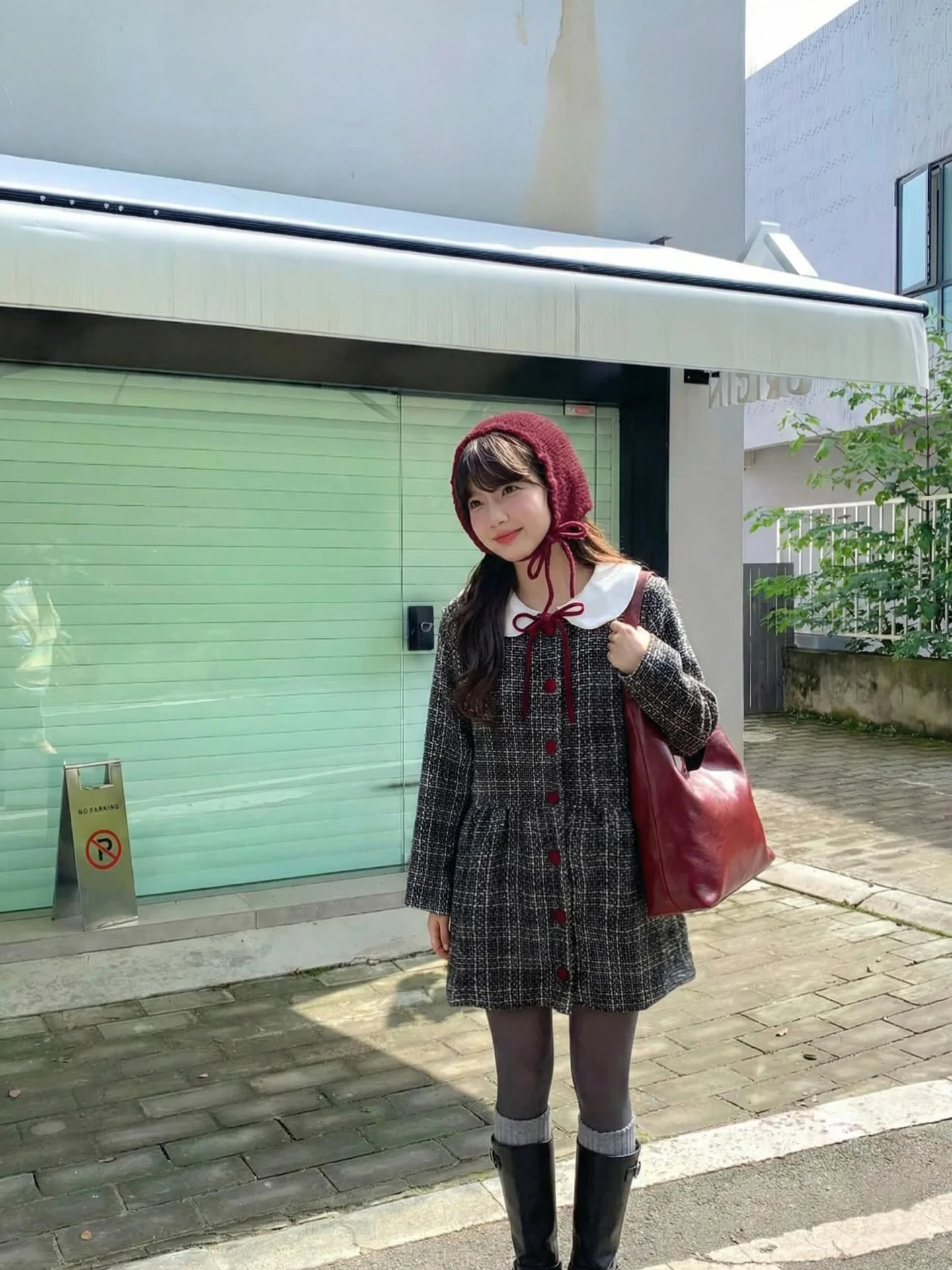 Đầm babydoll dạ đen than đính nút đỏ