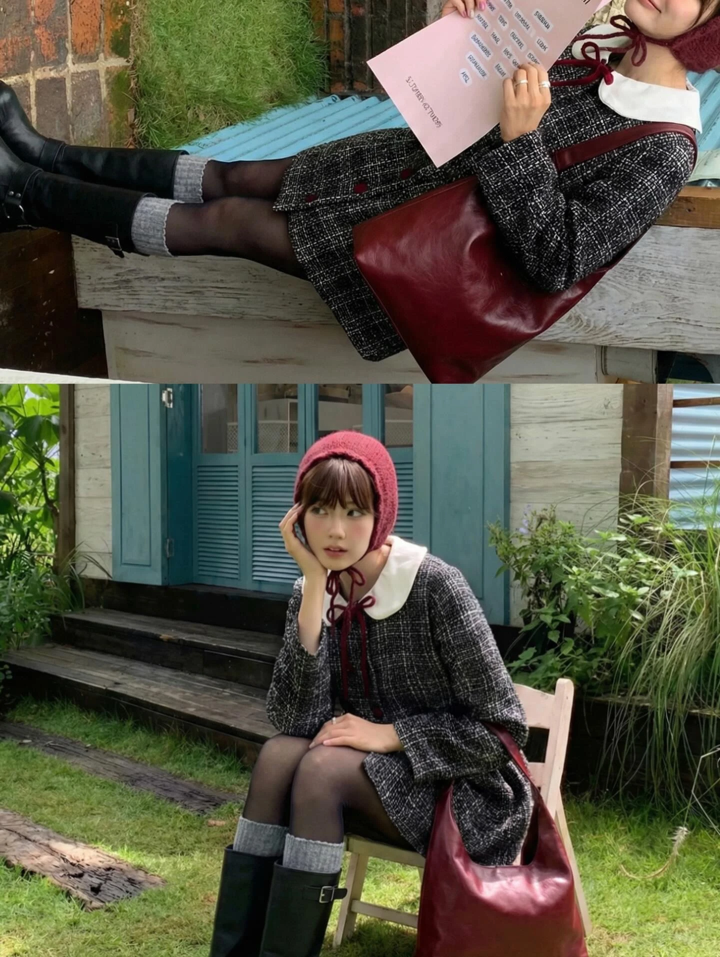 Đầm babydoll dạ đen than đính nút đỏ