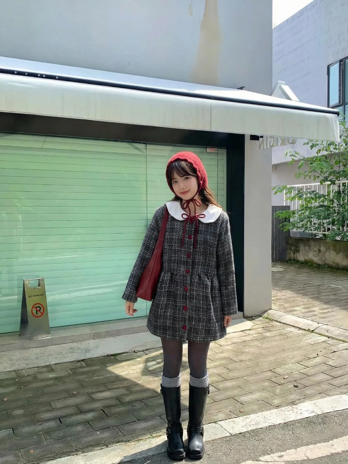 Đầm babydoll dạ đen than đính nút đỏ