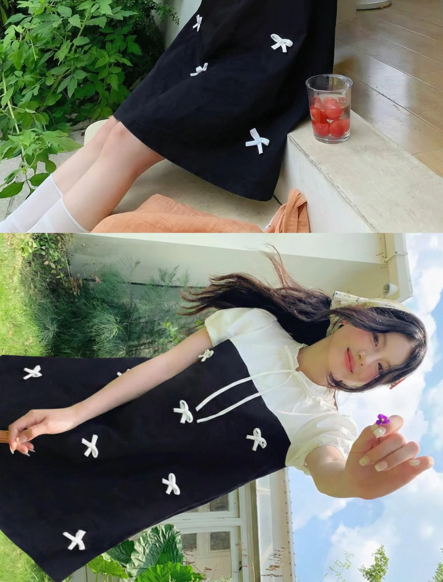 Đầm babydoll đen phối kem nhiều nơ 