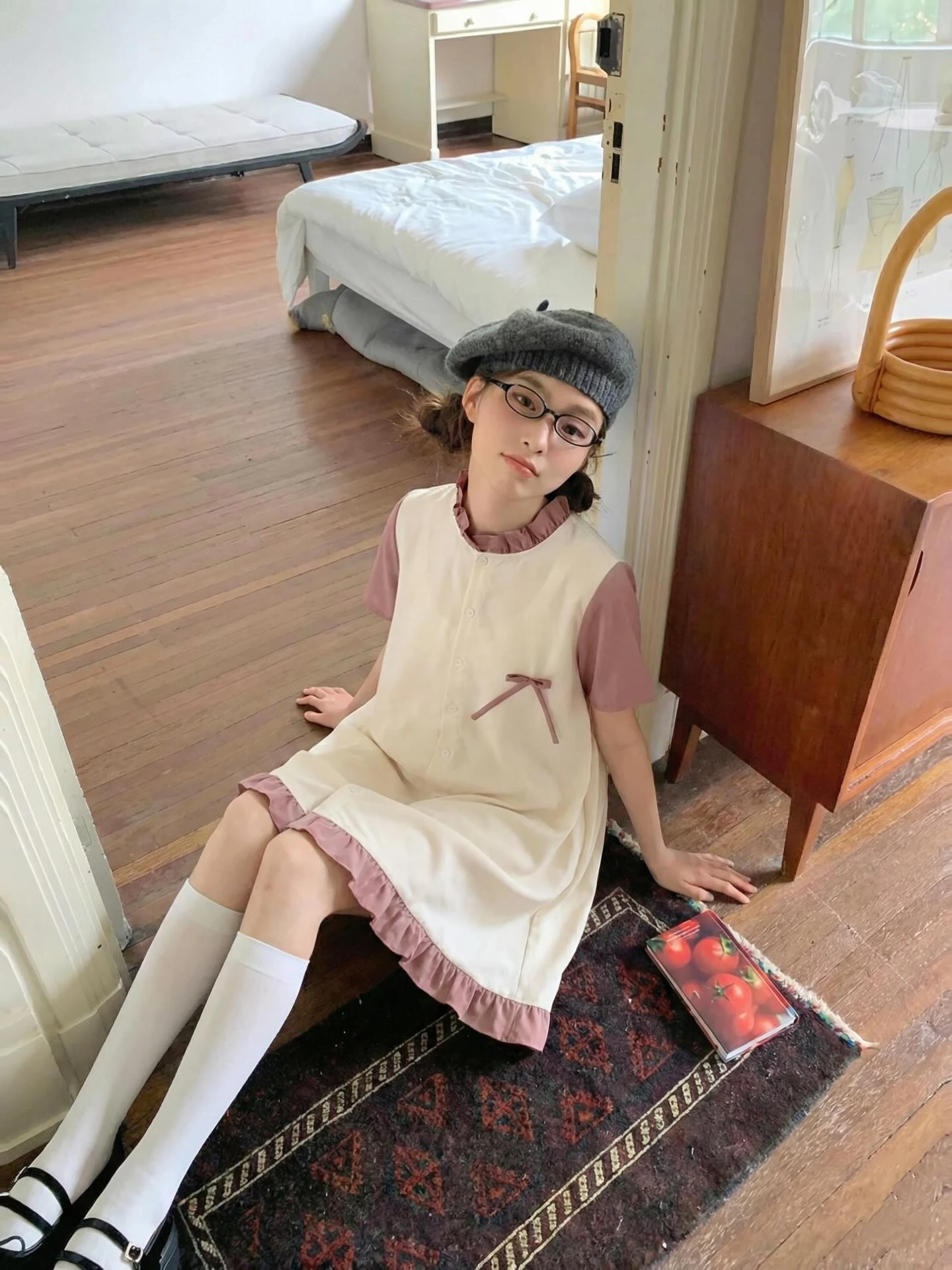 Đầm babydoll sơ mi kem phối hồng bèo