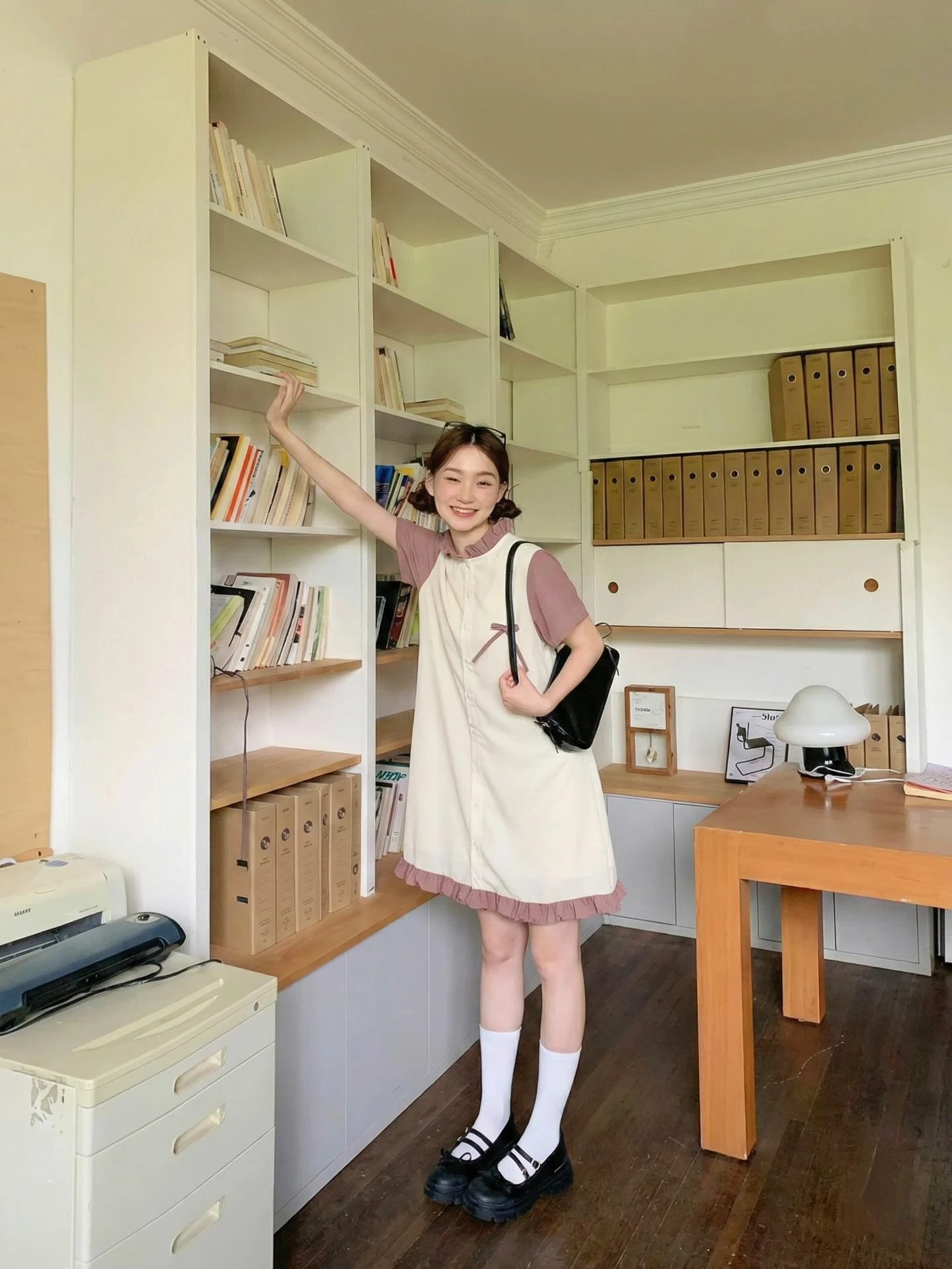 Đầm babydoll sơ mi kem phối hồng bèo