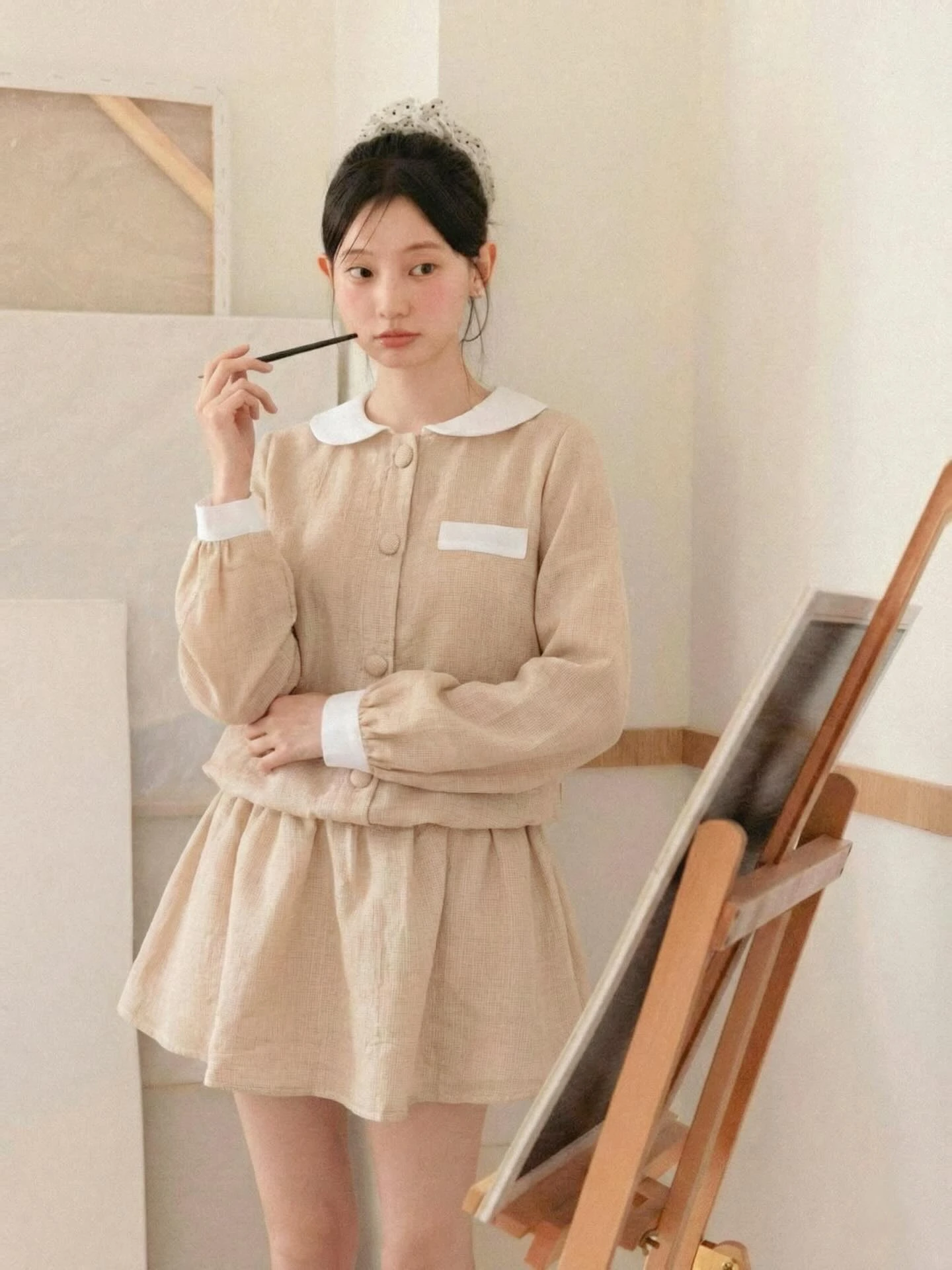 Set babydoll caro nâu nhạt bo chun kèm bảo hộ