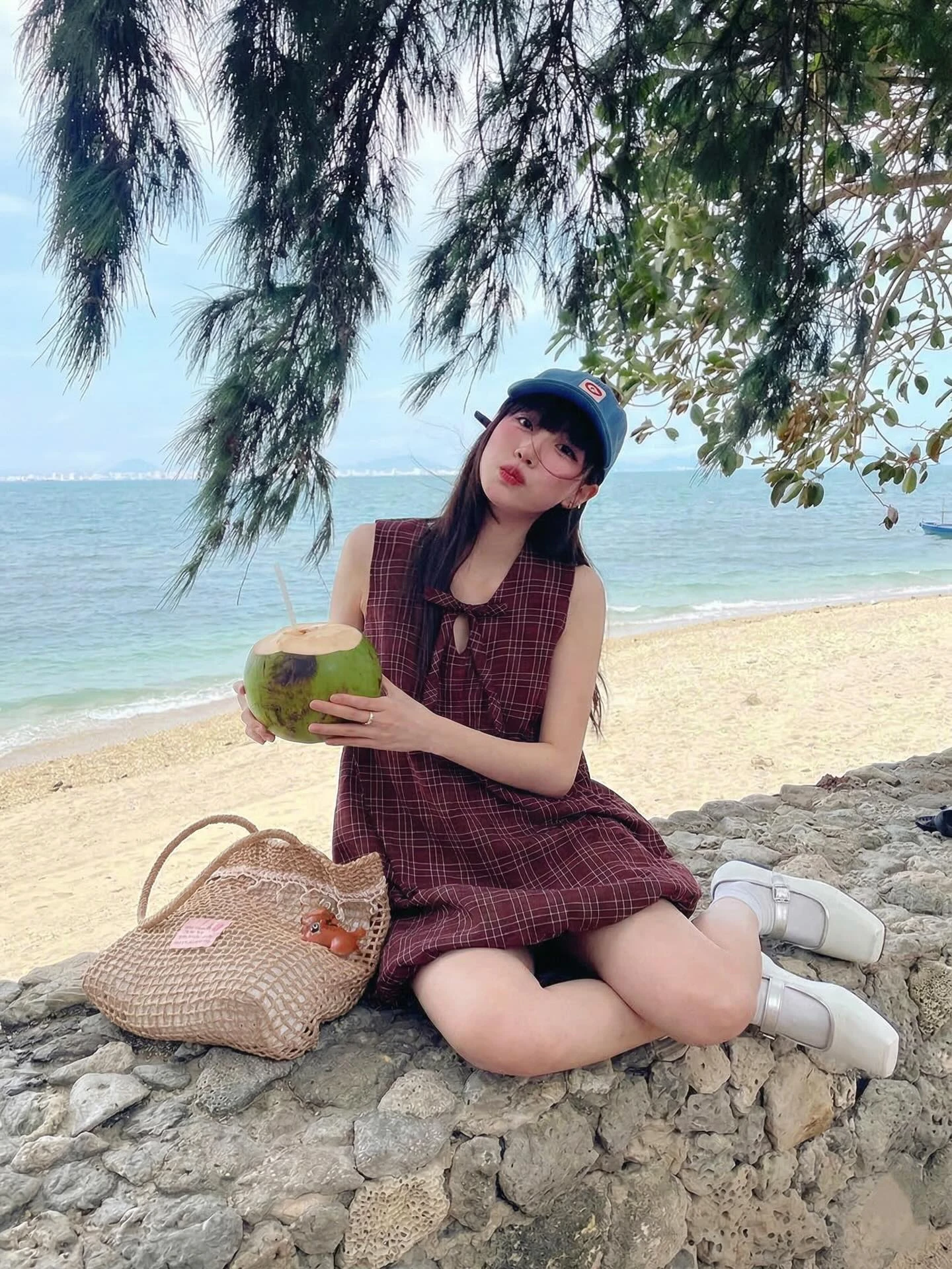 Đầm babydoll yếm caro đỏ tùng bí