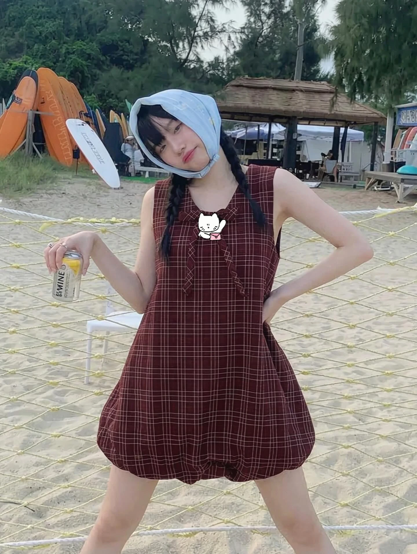 Đầm babydoll yếm caro đỏ tùng bí