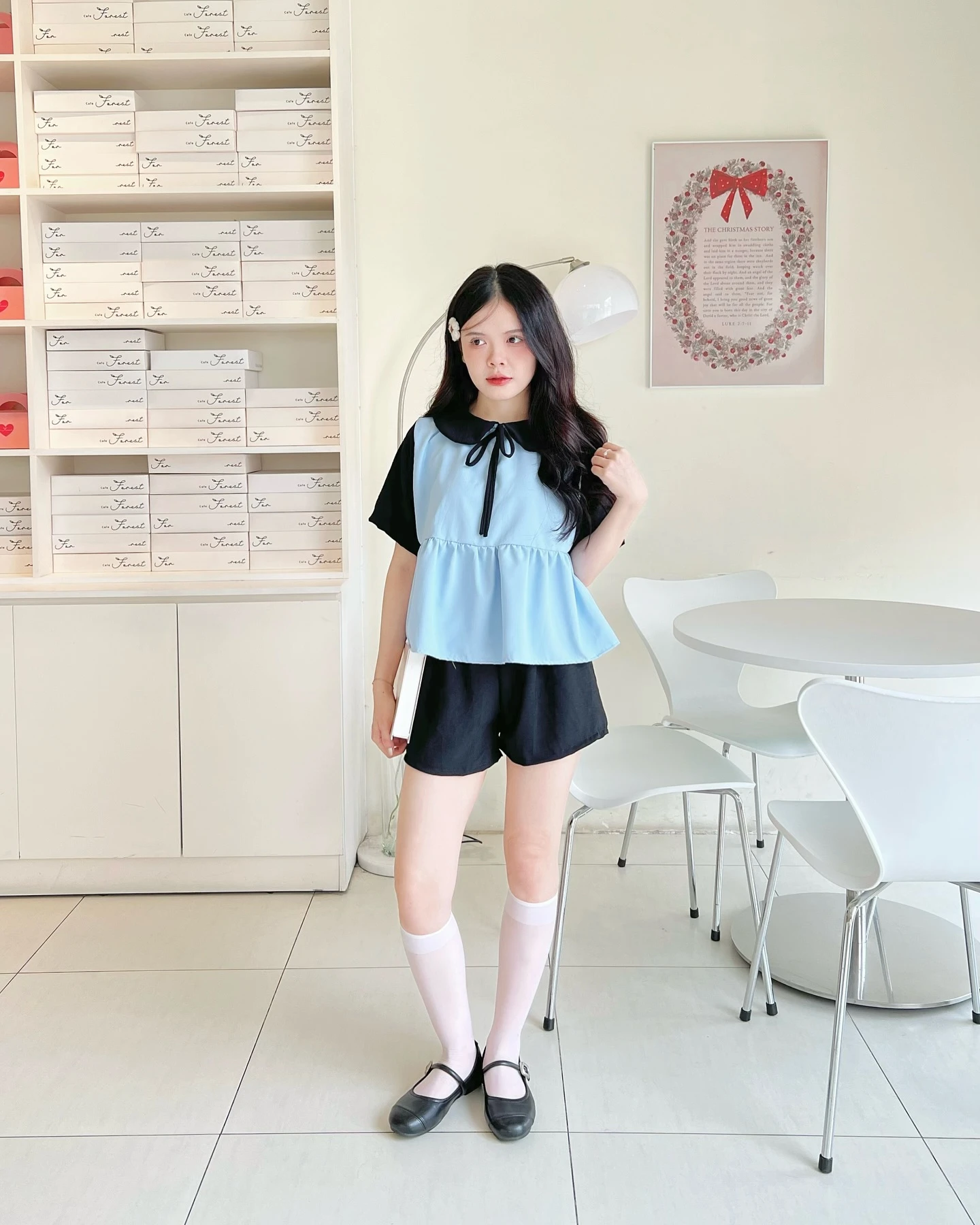 Set babydoll áo xanh phối đen + quần đùi