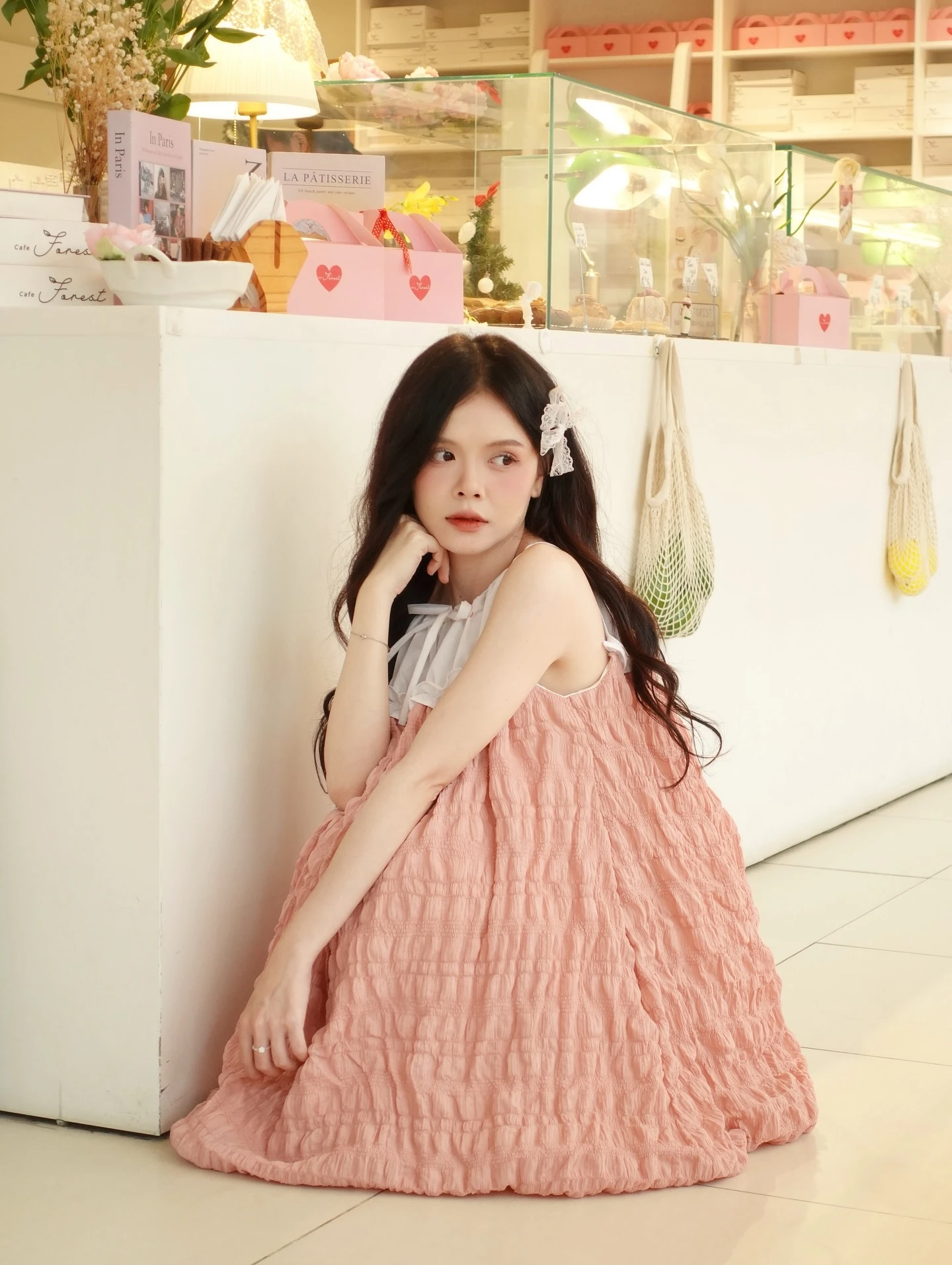 Set babydoll hồng bồng bềnh phối trắng 2 dây nơ kèm bảo hộ