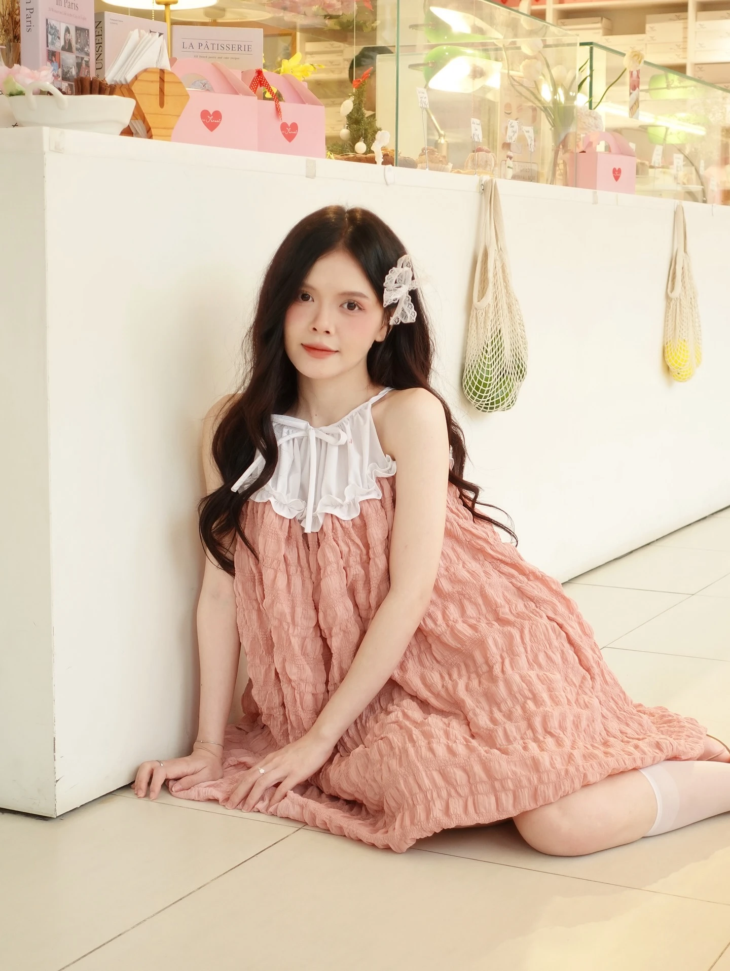 Set babydoll hồng bồng bềnh phối trắng 2 dây nơ kèm bảo hộ