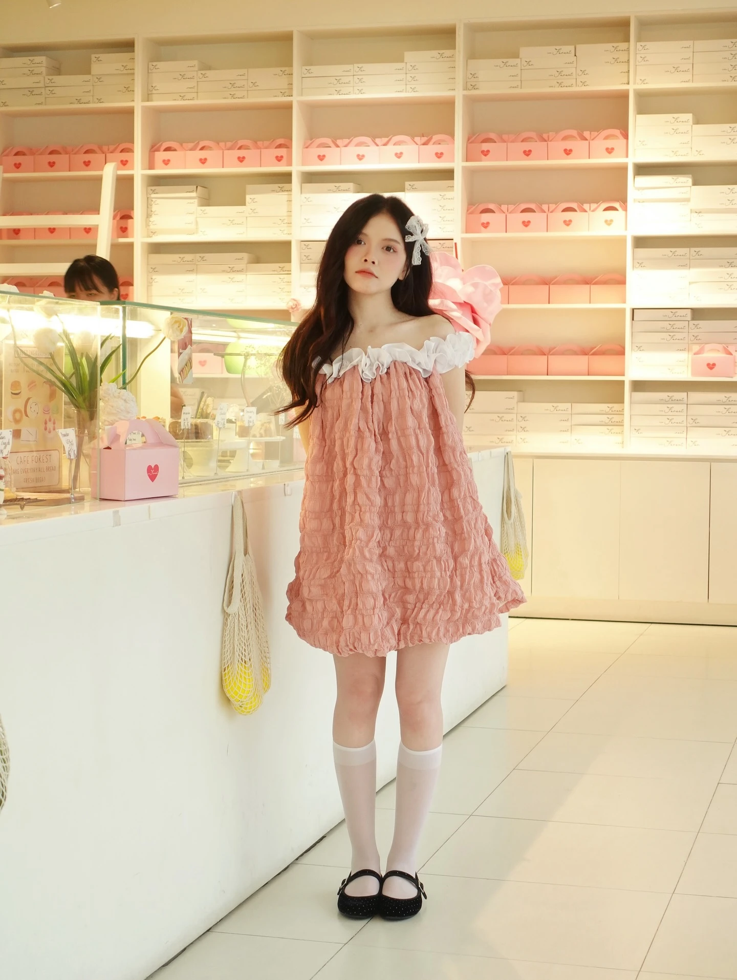 Set babydoll hồng phối trắng bồng bềnh trễ vai kèm bảo hộ