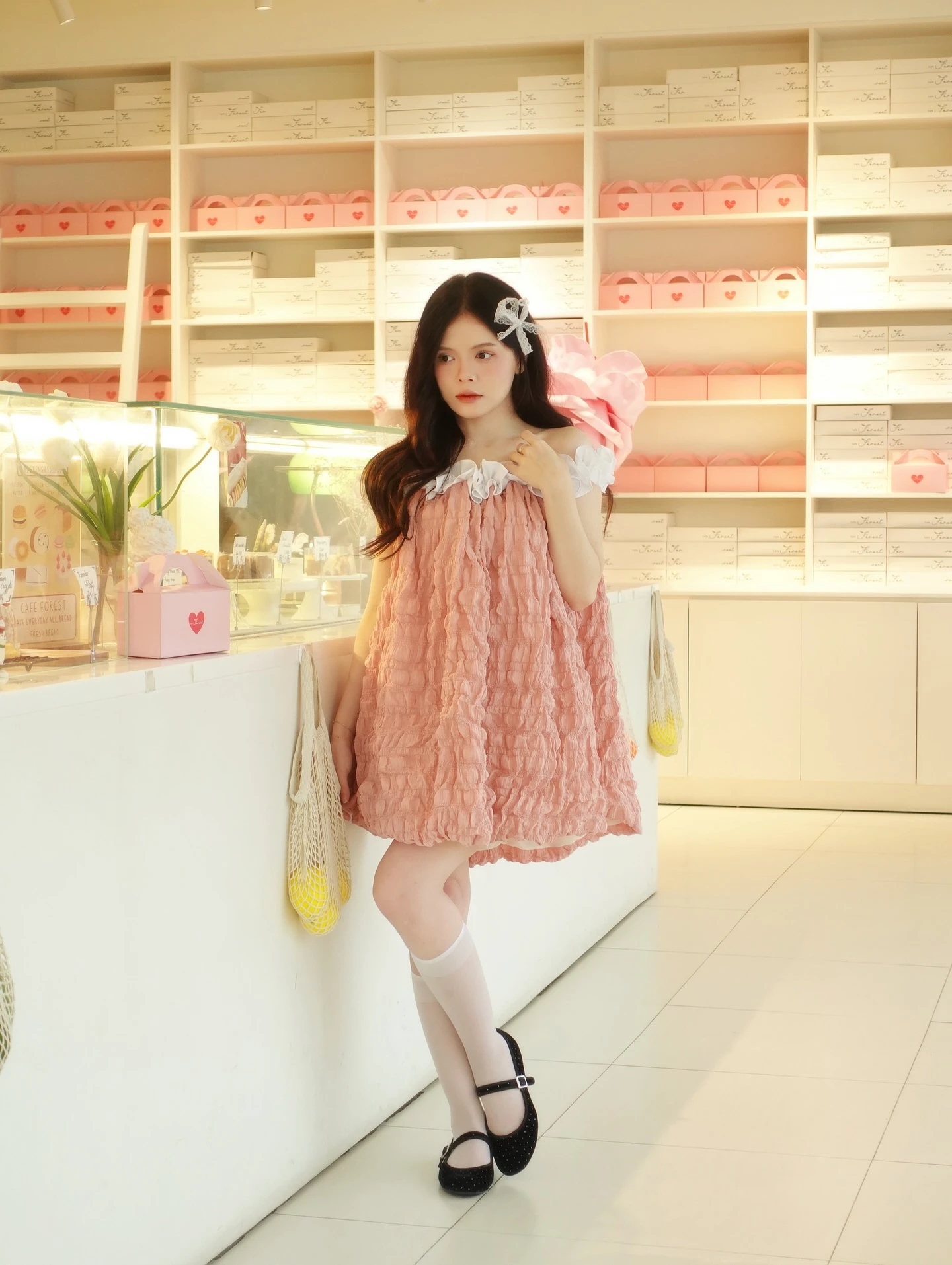 Set babydoll hồng phối trắng bồng bềnh trễ vai kèm bảo hộ