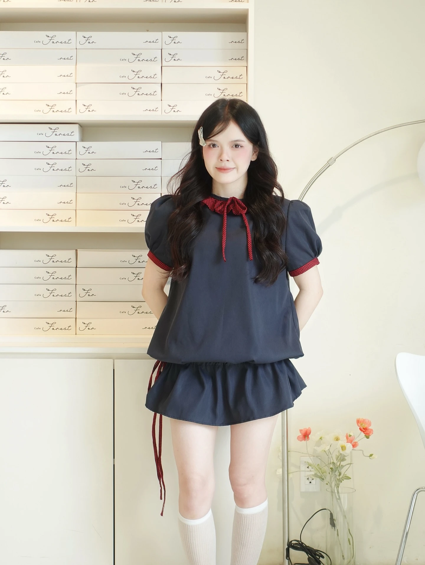 Set babydoll xanh than phối caro đỏ rút dây kèm bảo hộ